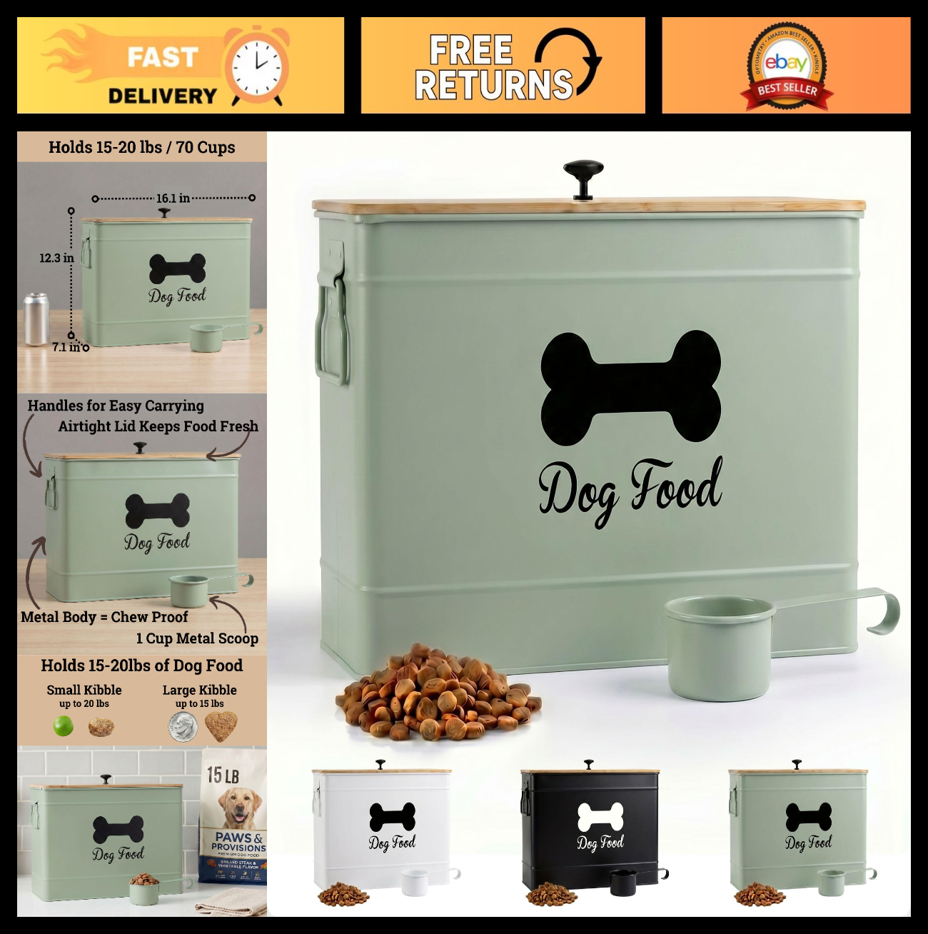 Airtight Metal Dog Food Storage Container 15 20 lbs, 70 Cup Capacity, Bamboo Lid0