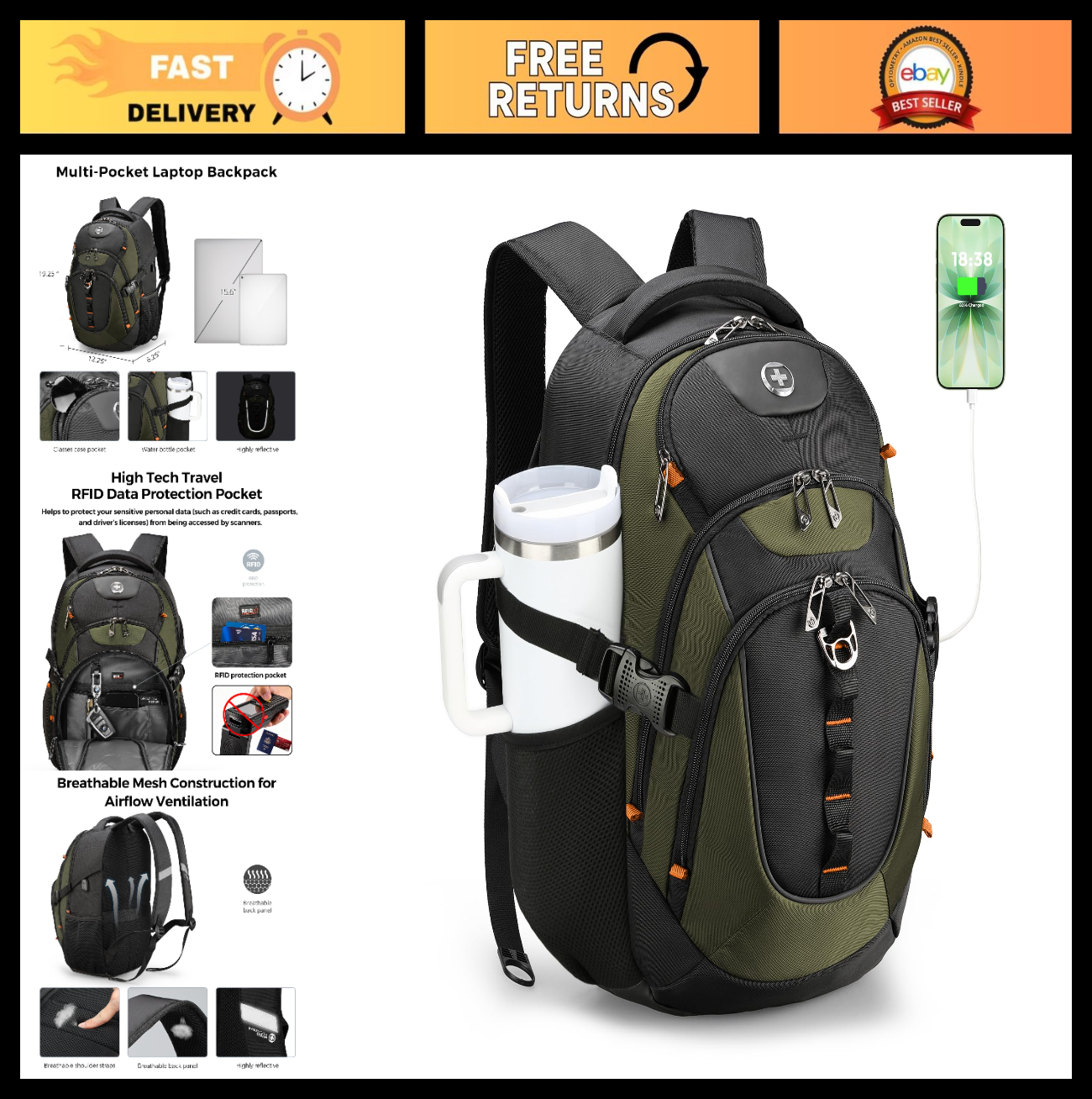 Stylish Laptop Backpack with USB Charging Port, 15.6" Travel Bag, 31L College Ru0