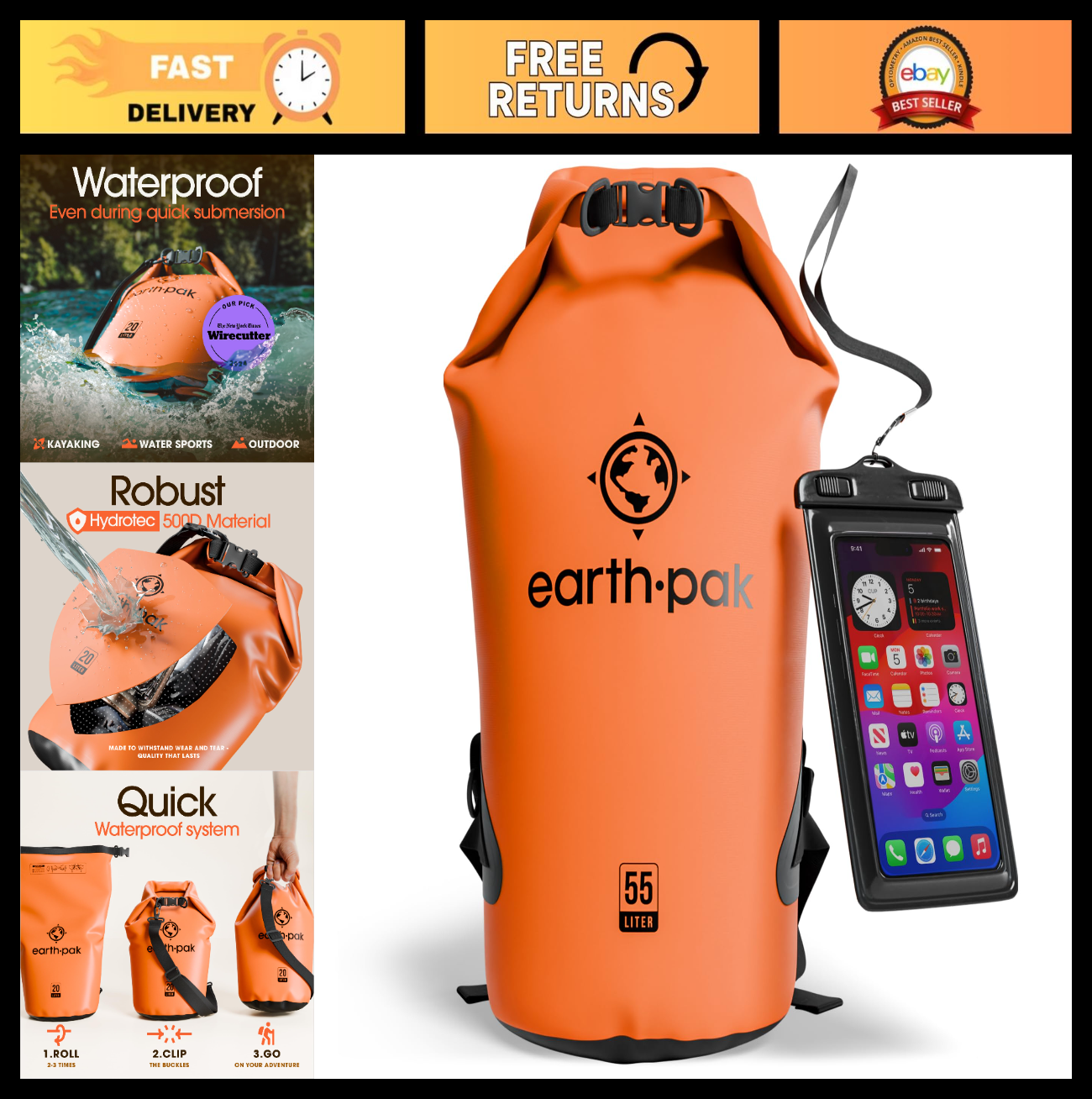 Waterproof Dry Bag Backpack   Roll Top Kayak Sack with Phone Case, Keeps Gear Dr0