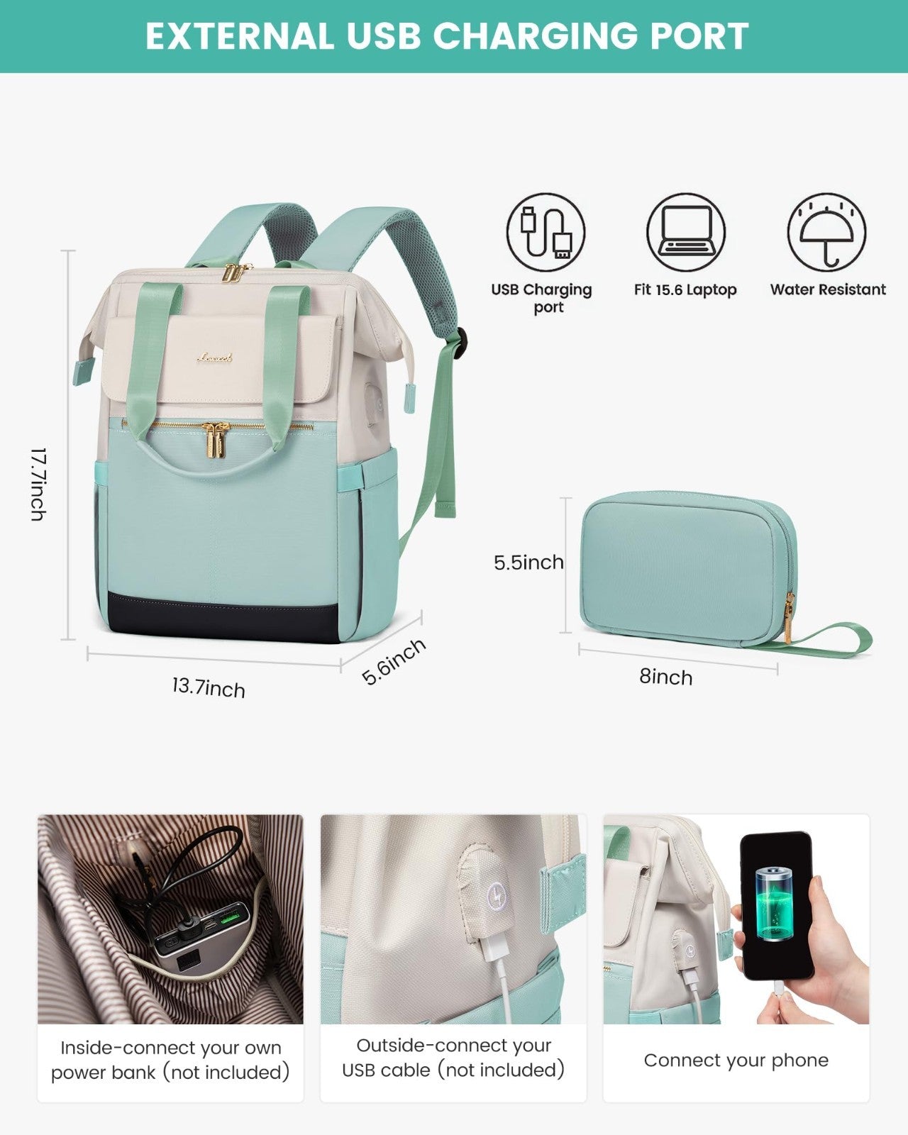 Stylish 15.6" Laptop Backpack for Women, USB Port, Waterproof Travel Bag, 2PCS2