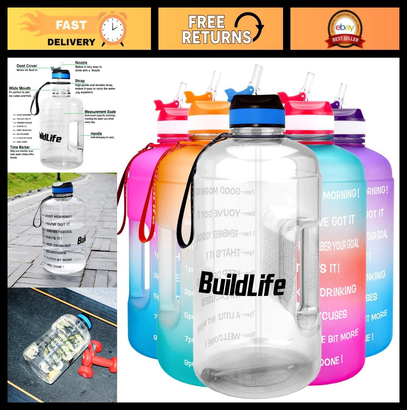 1 Gallon Motivational Water Bottle with Time Marker & Straw - BPA Free, Leak Pro0