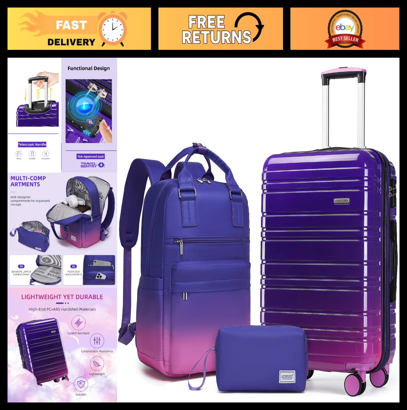 3-Piece Carry-On Luggage Set, 20" Hardshell Suitcases, TSA Lock, 360° Wheels, Ba0