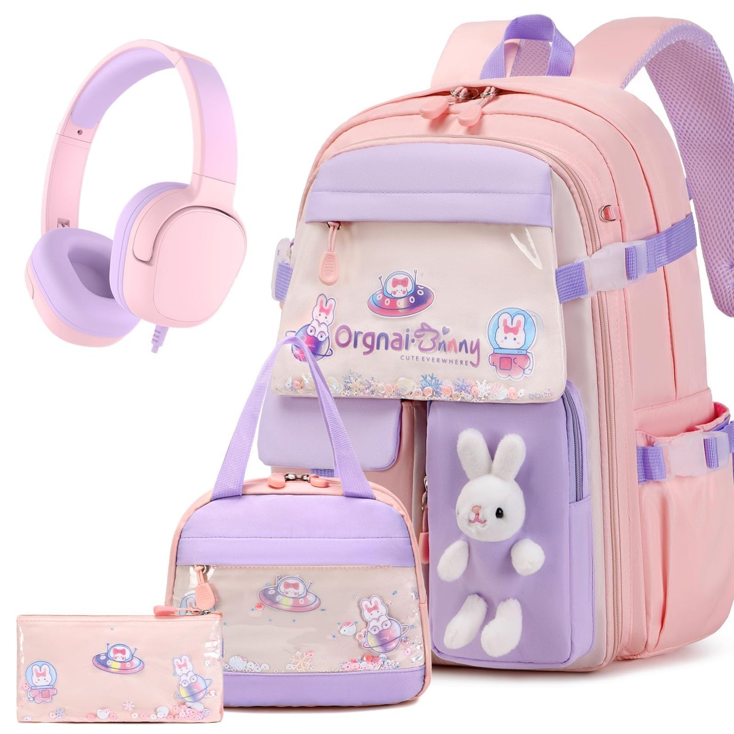 4PCS Kawaii Bunny Girls Backpack Set with Headphones, Lunch Box & Pencil Case  1
