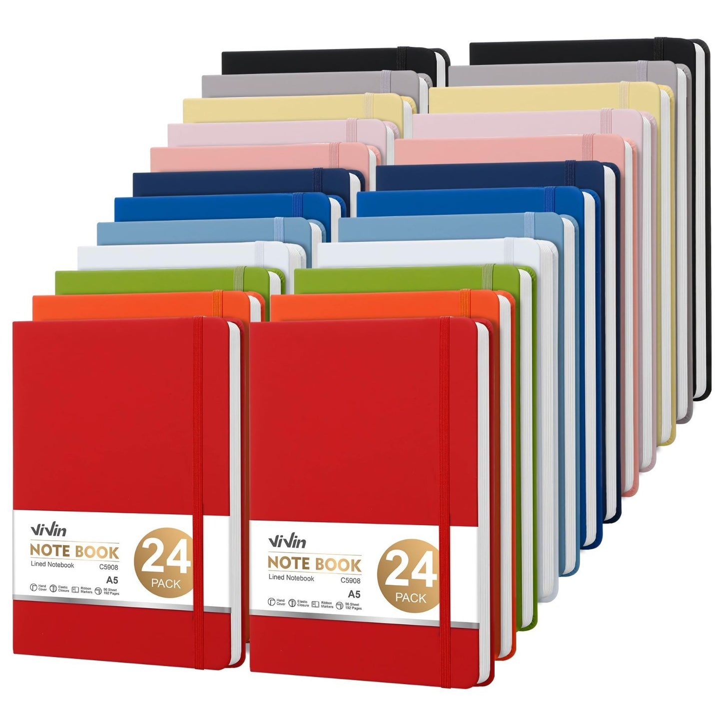 24 Pack A5 Hardcover Notebooks, 192 Pages College Ruled, Waterproof, Lay-Flat Cl1