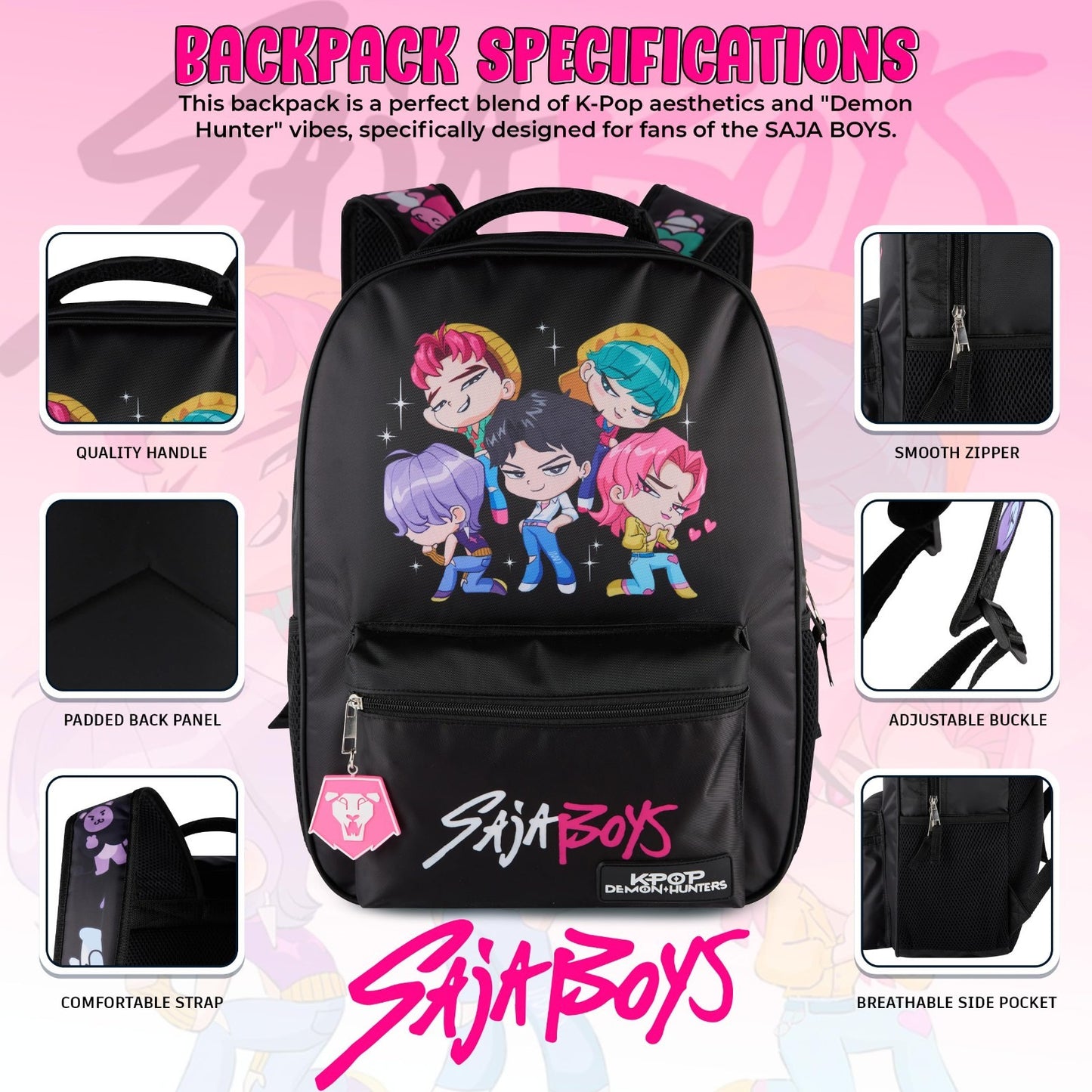 K Pop Demon Hunters Chibi Saja Boys 16” Backpack for Girls, Rubber Molded Charm,4