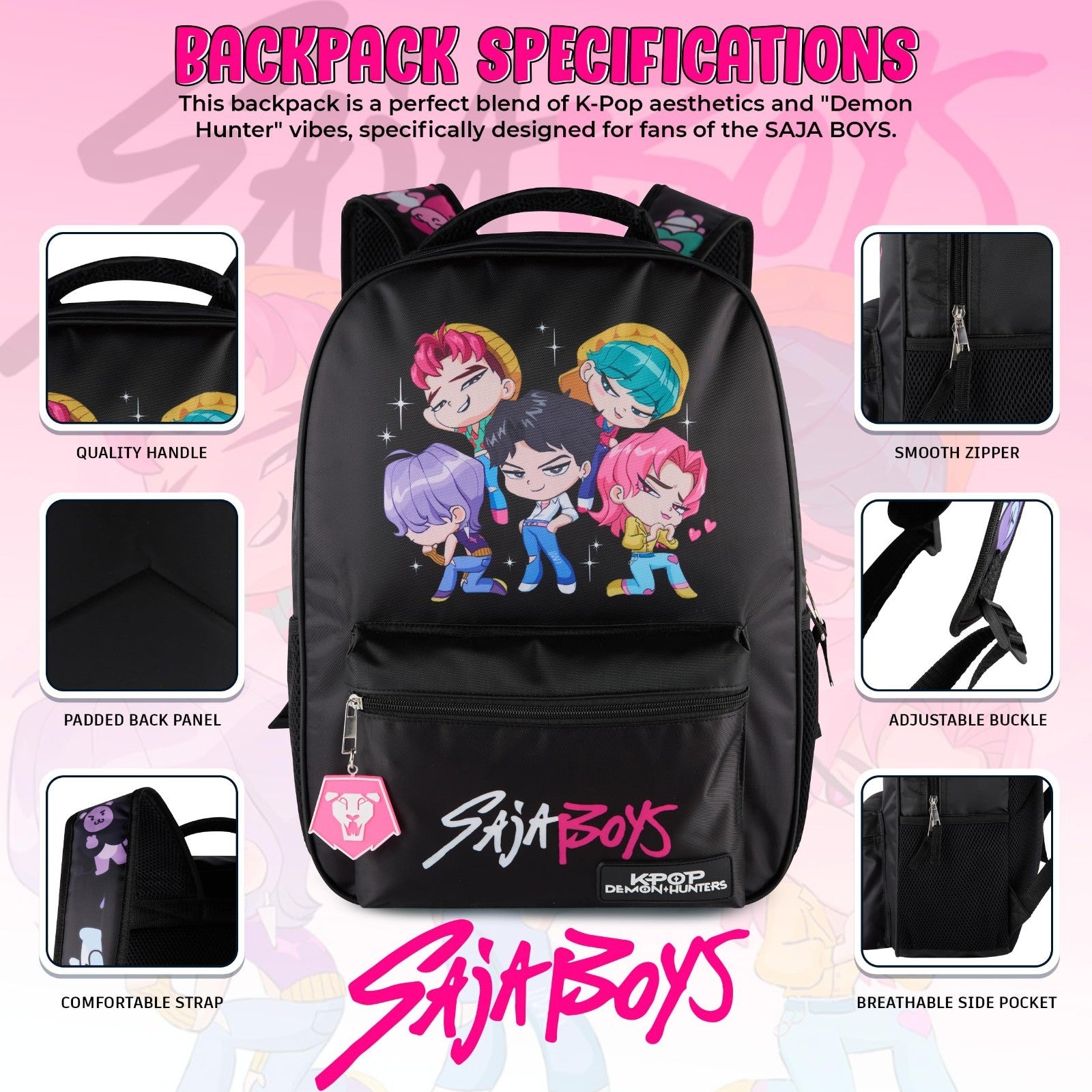 K Pop Demon Hunters Chibi Saja Boys 16” Backpack for Girls, Rubber Molded Charm,4