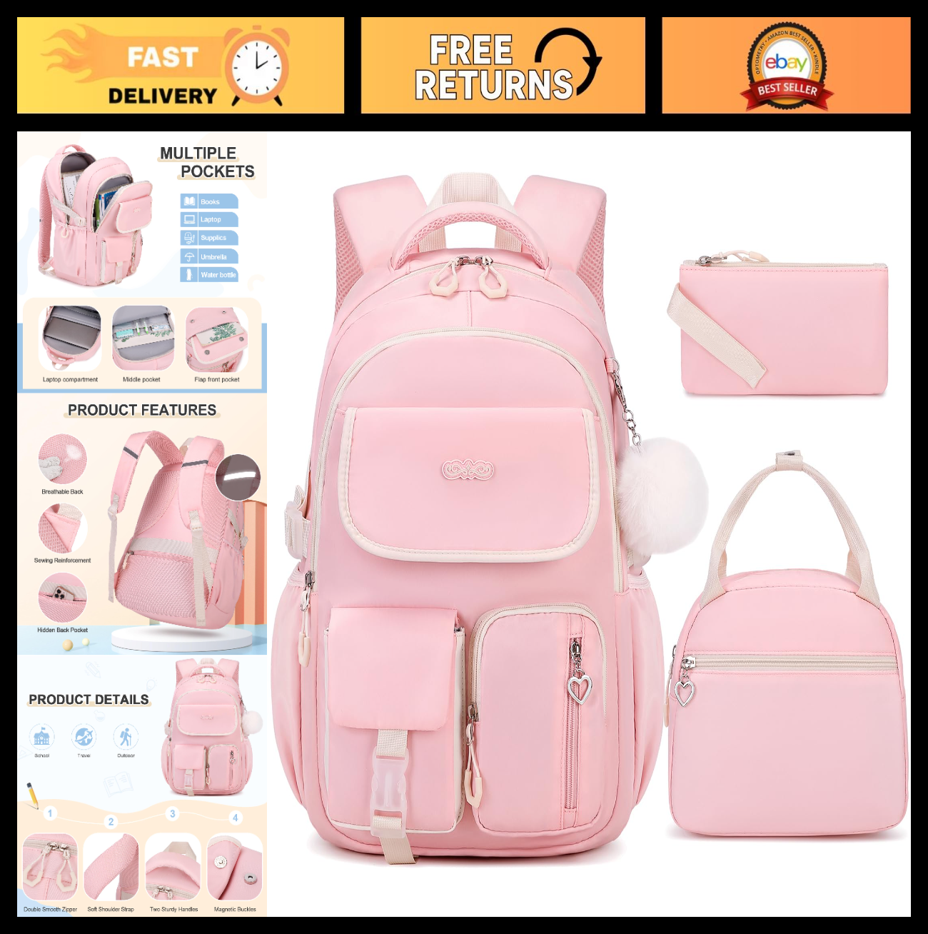 3PCS Girls School Backpack Set with Lunch Box & Pencil Pouch   Stylish & Durable0