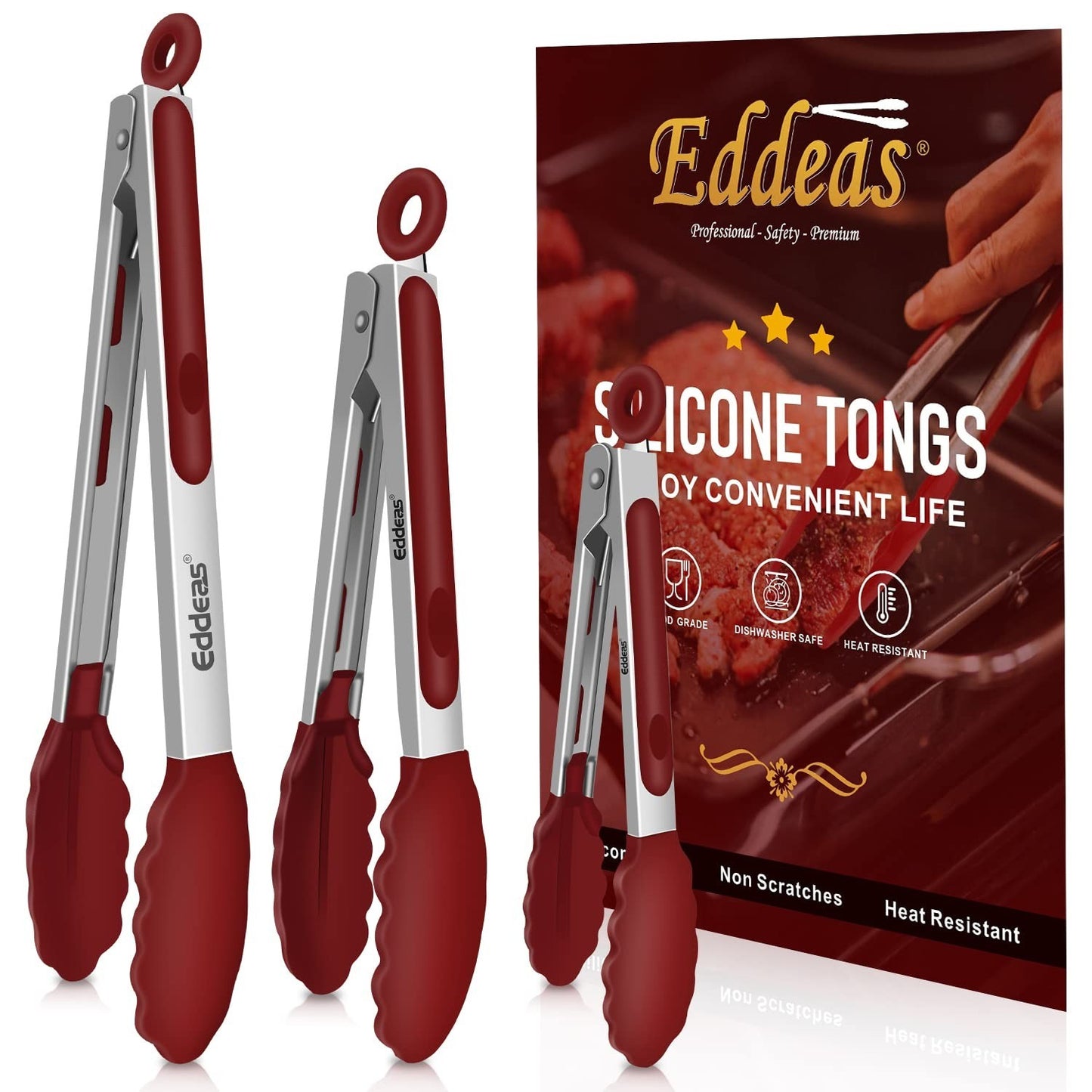 Set of 3 Heat Resistant Kitchen Tongs   7", 9", 12" Silicone Tip BBQ & Salad Too1