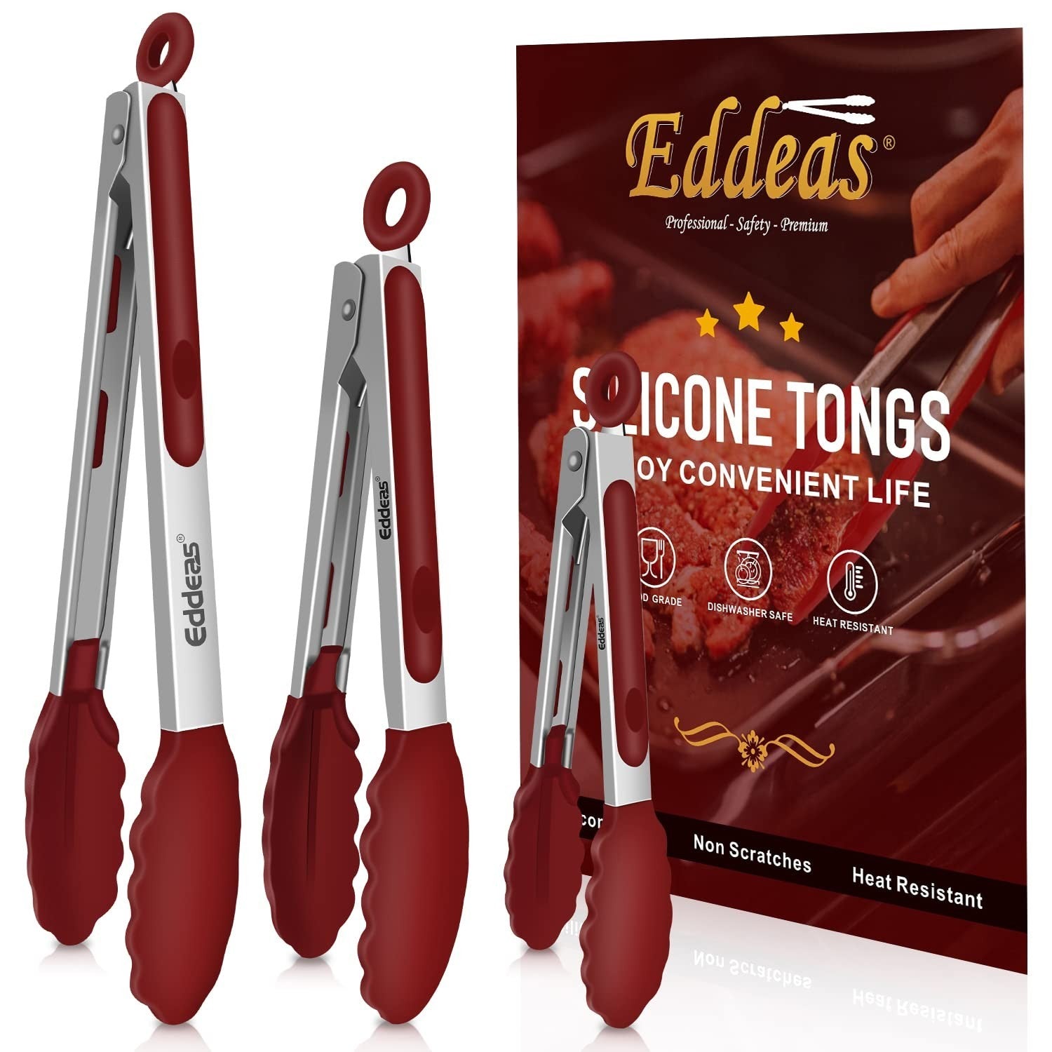 Set of 3 Heat Resistant Kitchen Tongs   7", 9", 12" Silicone Tip BBQ & Salad Too1