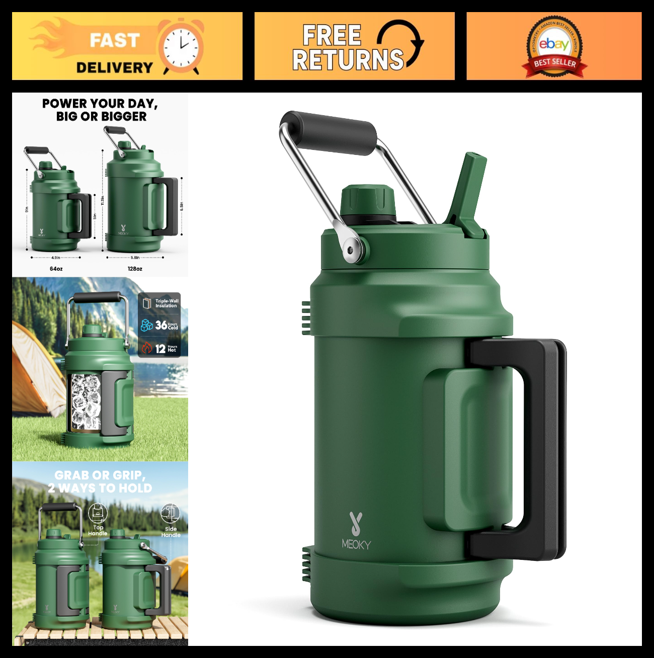 64 oz Insulated Water Bottle - Triple Wall Vacuum Jug, 2-in-1 Lid, Leak Proof, B0