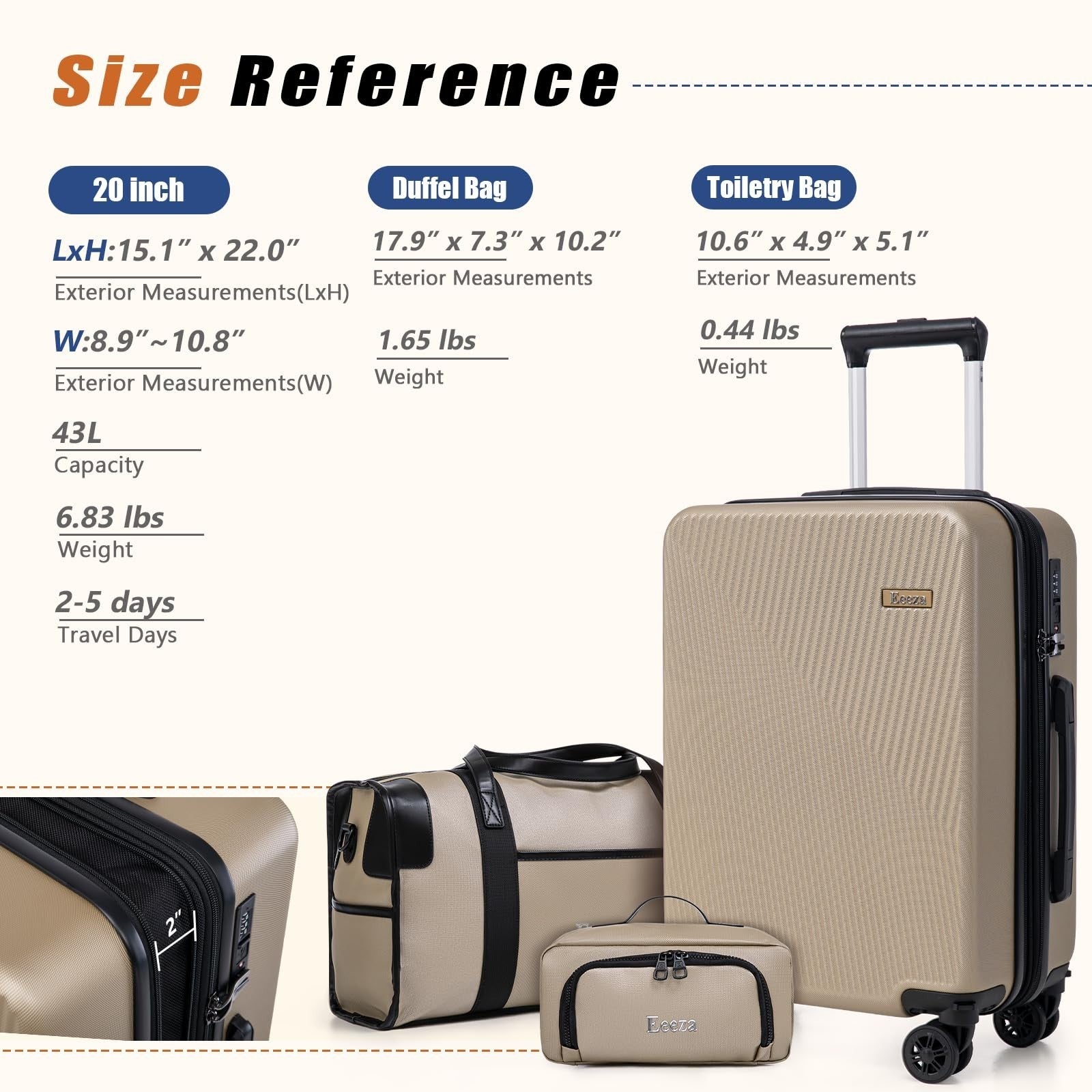 3-Piece Hardcase Carry-On Luggage Set 20" - TSA Approved, Scratch Resistant, Spi8