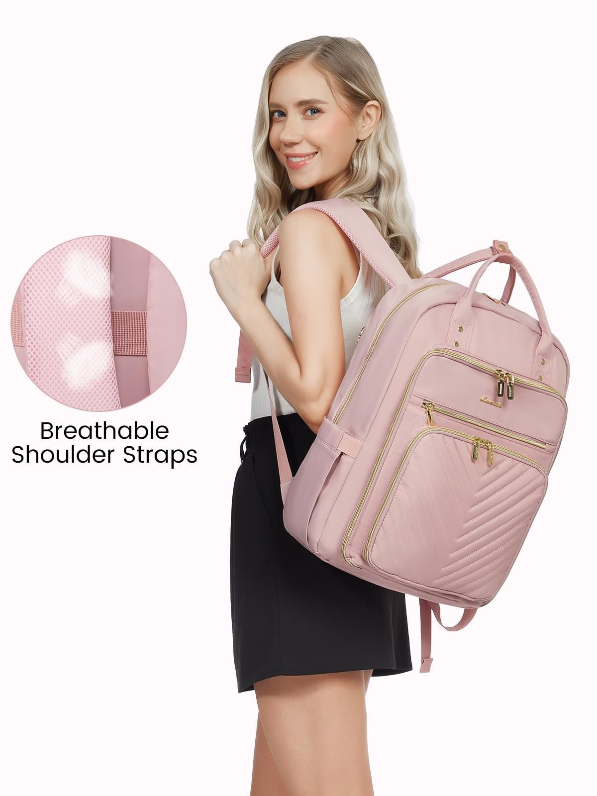 Stylish 15.6" Laptop Backpack for Women, Waterproof Daypack with USB Port, Pink8