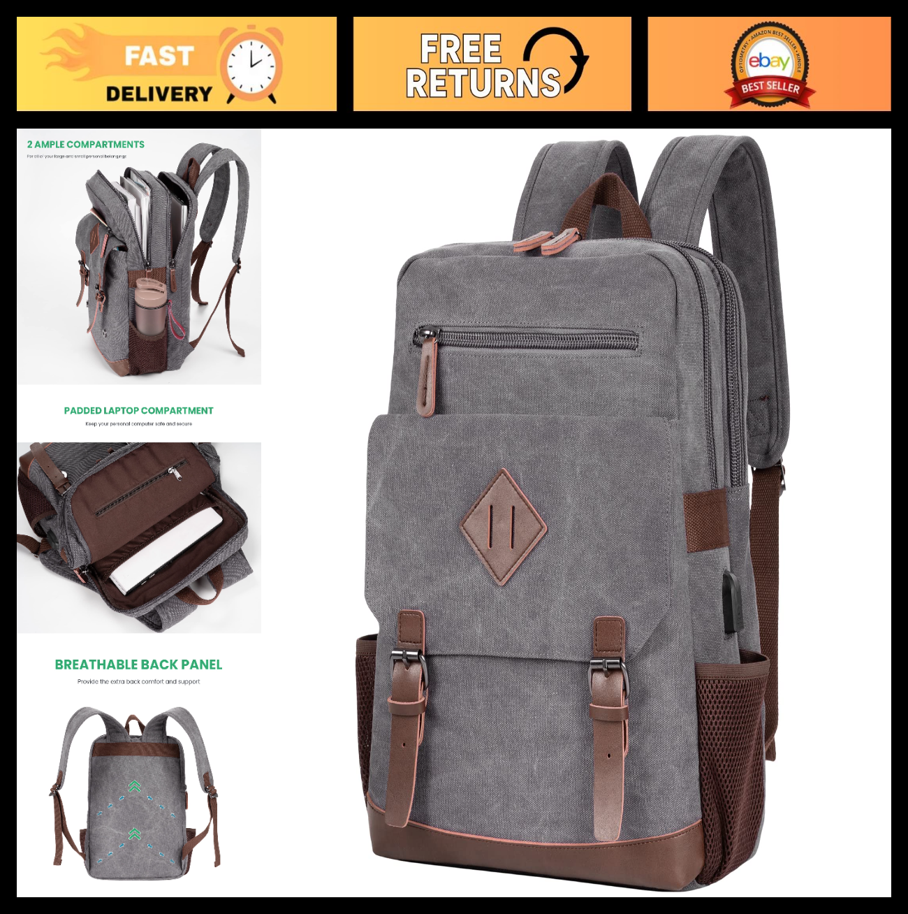 Vintage Canvas Laptop Backpack with USB Charging Port, Fits 15.6" Computer Bag0