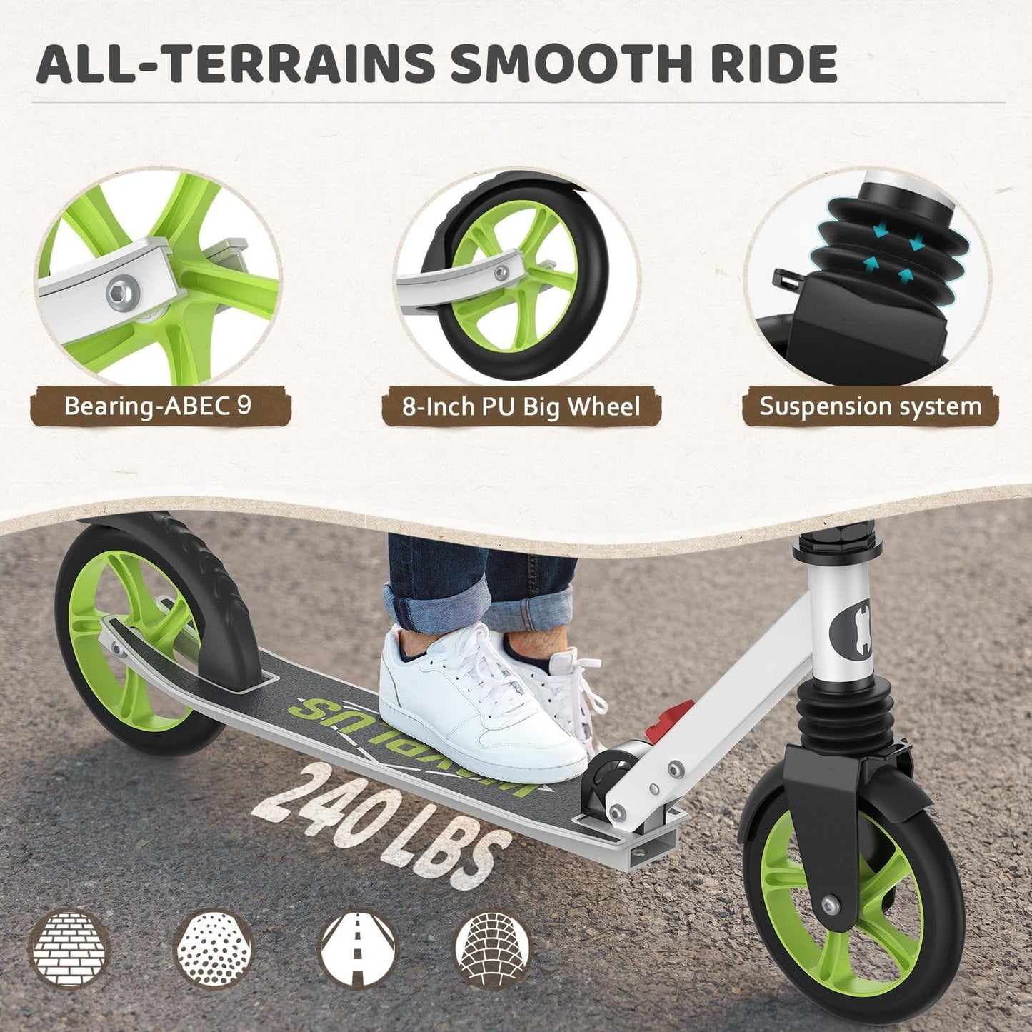 Kick Scooter for Kids, Teens & Adults - 8" Big Wheels, 240lb Weight Capacity3