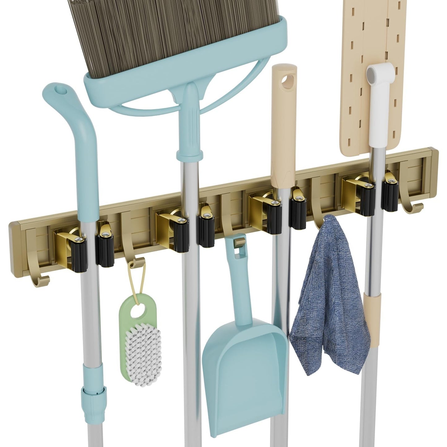 Wall Mount Broom Holder & Mop Hanger Organizer - 4 Racks & 5 Hooks Storage Solut1