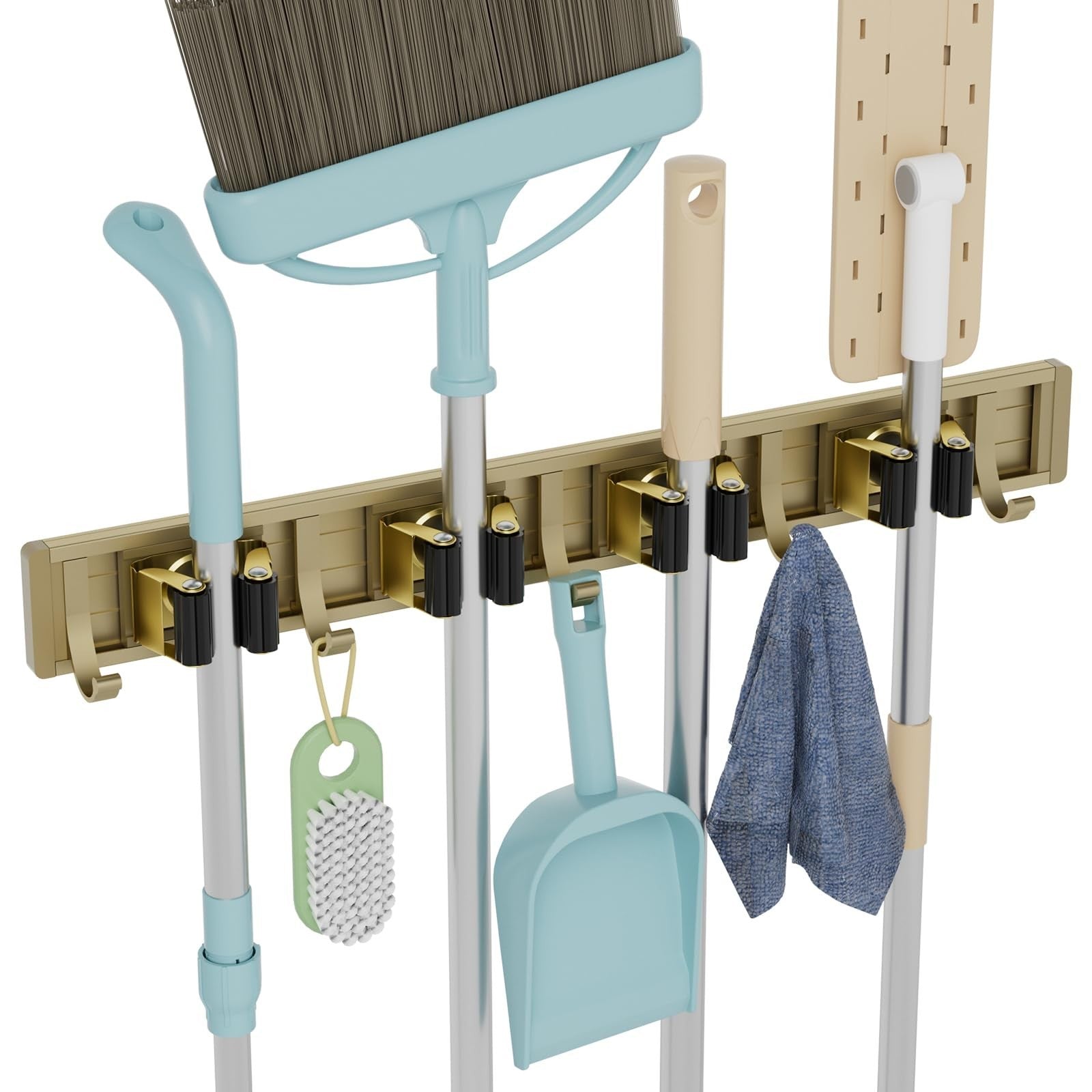 Wall Mount Broom Holder & Mop Hanger Organizer - 4 Racks & 5 Hooks Storage Solut1