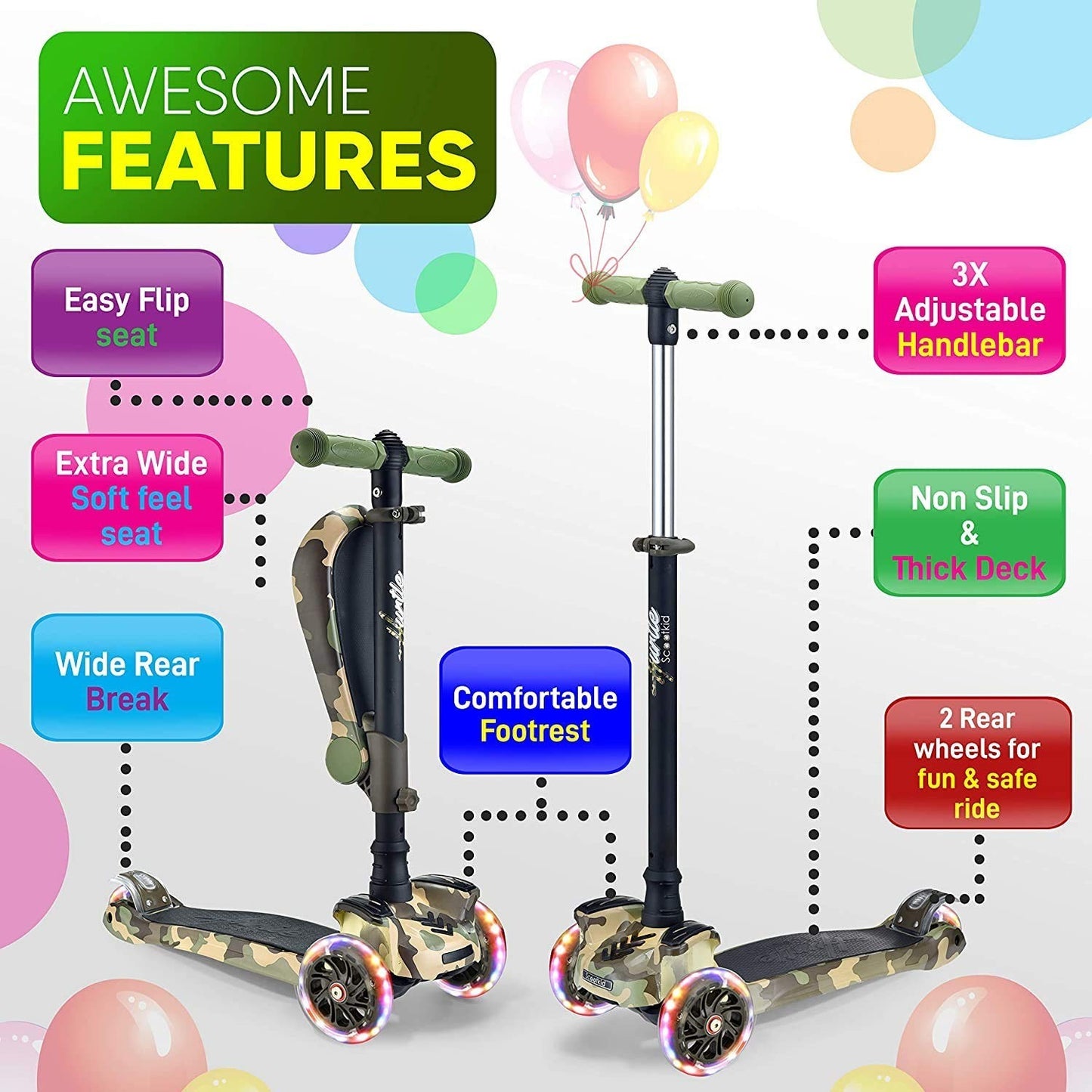 3-Wheeled Kids Scooter with LED Lights, Adjustable Handlebar, Foldable Seat - Si2