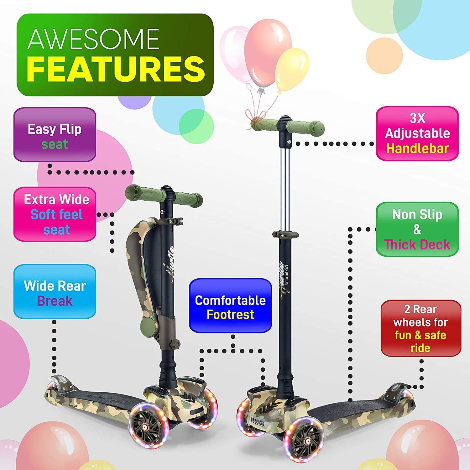 3-Wheeled Kids Scooter with LED Lights, Adjustable Handlebar, Foldable Seat - Si2
