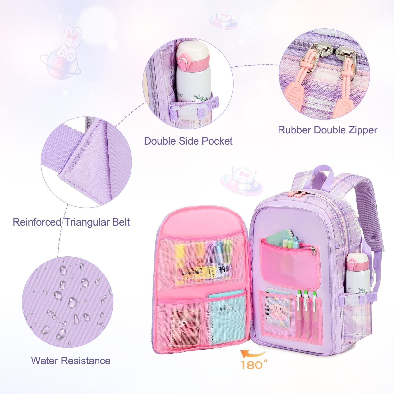 3PCS Kawaii Bunny Girls Backpack Set   School Bag, Lunch Box & Pencil Case   Pur5