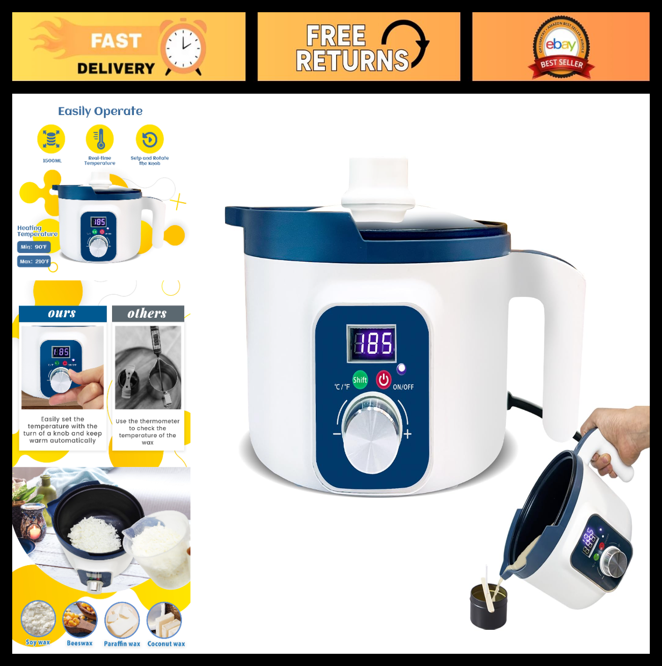 Electric Wax Melting Pot for Candle Making - Digital Temp Control, Non-Stick Spo0