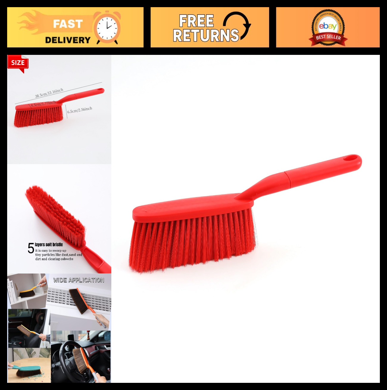 15" Red Soft Bristle Hand Broom Brush for Bed, Sofa, Counter & Hair Cleanup0