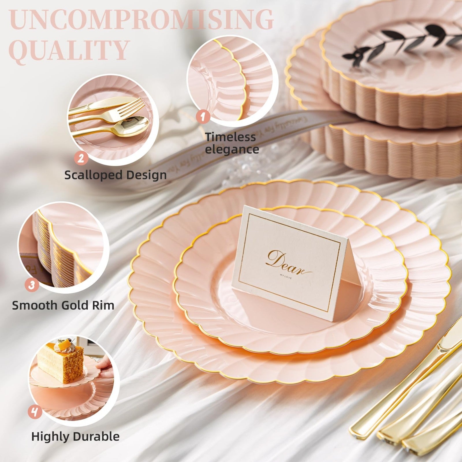 240PCS Pink Gold Scalloped Plastic Plates & Silverware Set for 48 Guests - Fancy5