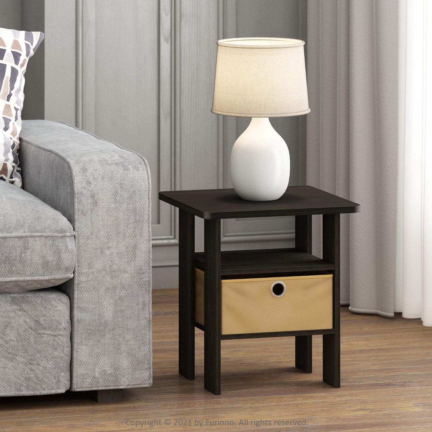 Stylish Side Table with Open Shelves & Storage Bin - Nightstand for Bedroom & Li1