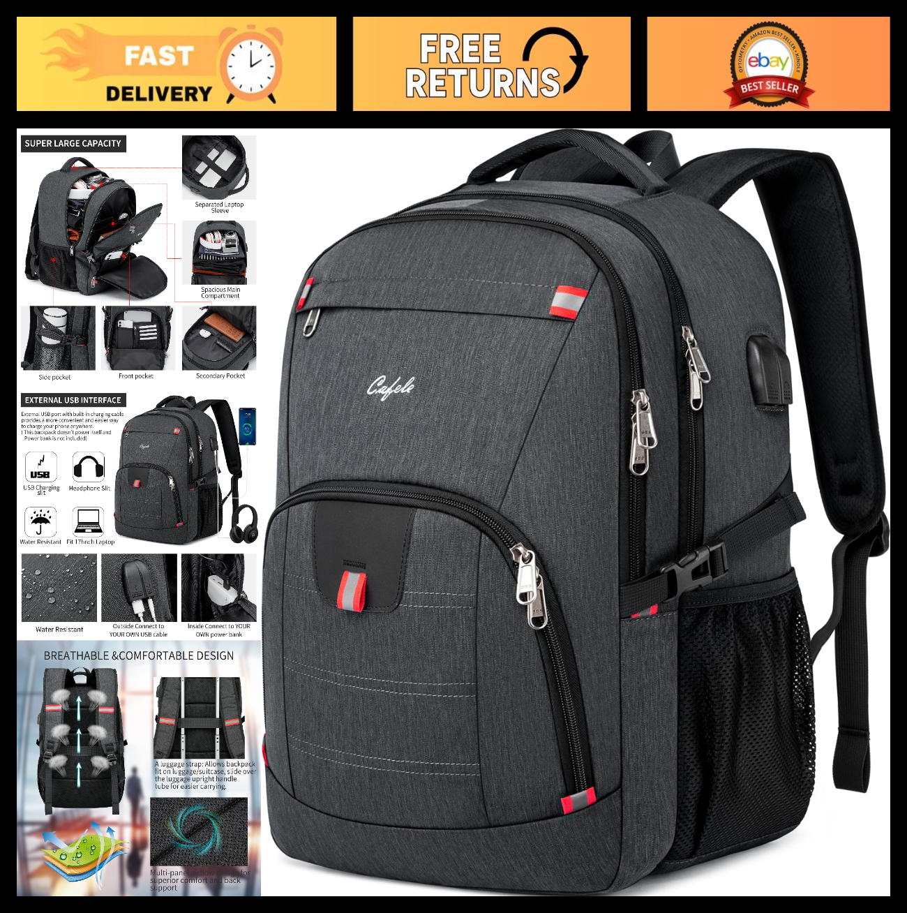 Waterproof 17" Laptop Backpack, Large Travel Bookbag with USB Charging Port, Gre0