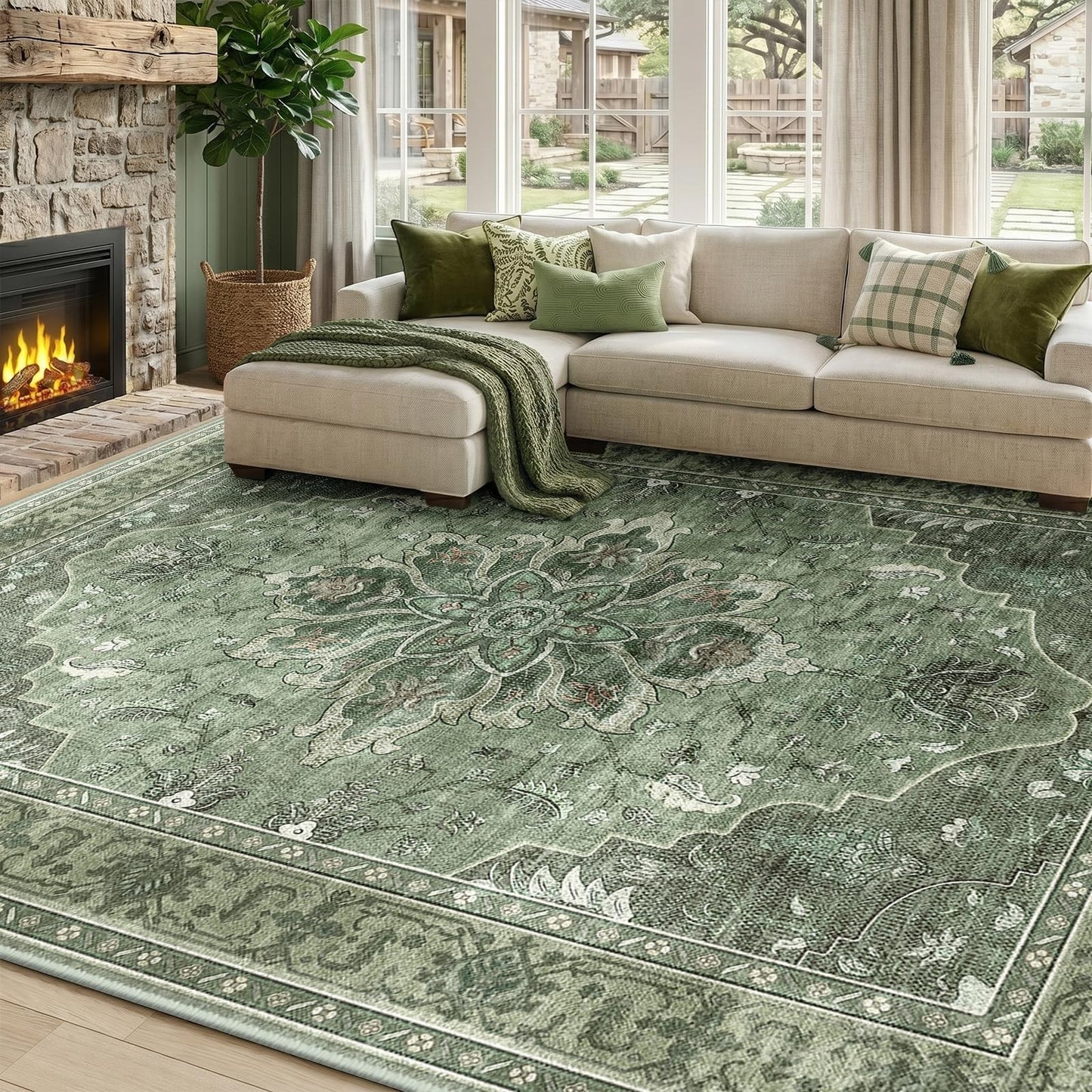 Washable 8'x10' Area Rug   Green/Dark Green/Gray, Non Slip, Pet Friendly, Vintag0