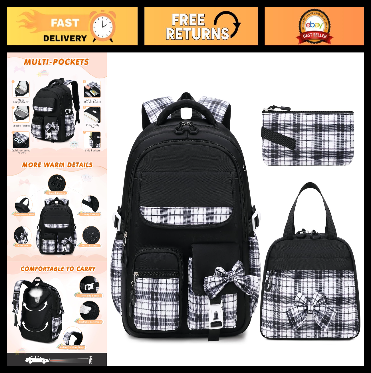 Stylish 3PCS School Backpack Set for Girls   17" Bow Plaid Bookbag, Durable & Tr0