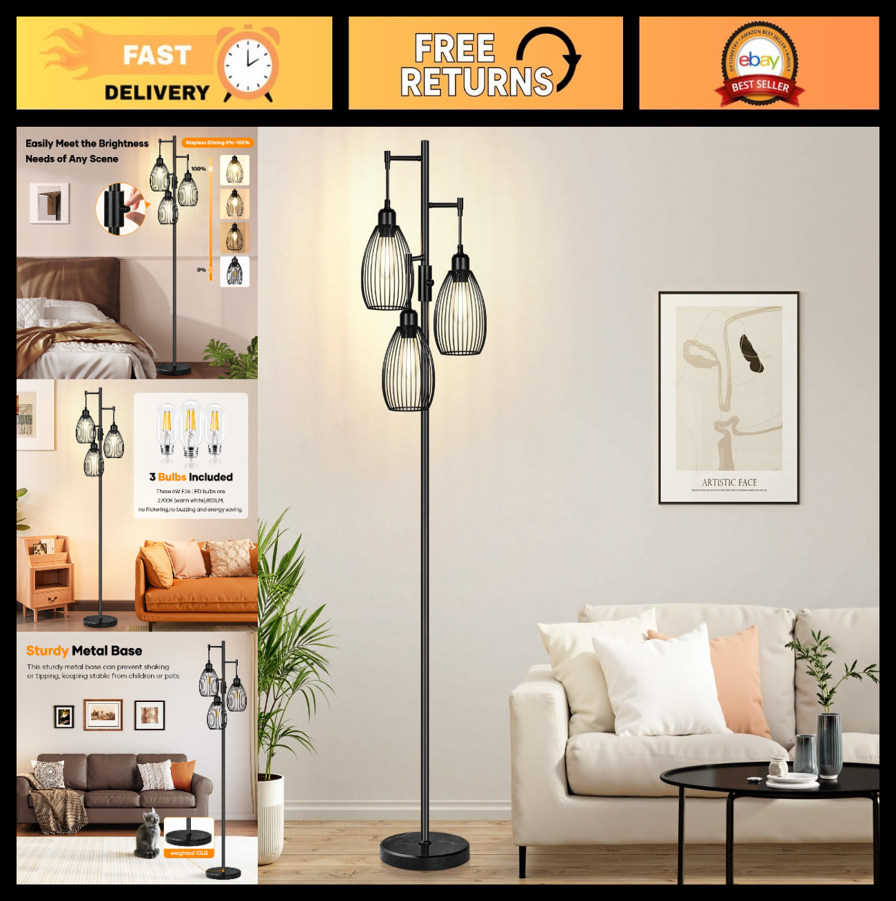 Dimmable Standing Floor Lamp with 3 LED Bulbs, Industrial Farmhouse Design, Tall0