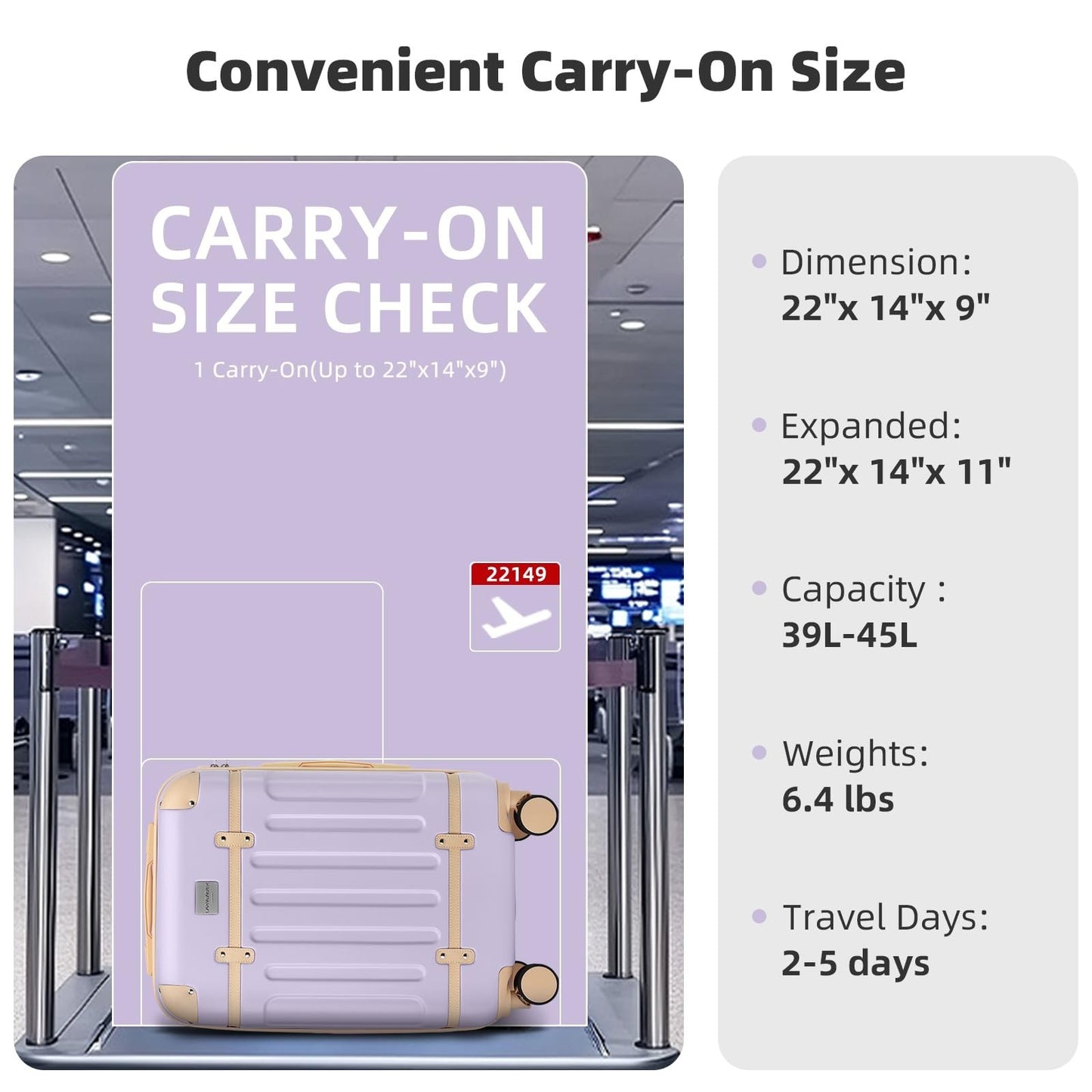 Expandable Carry-On Luggage 22x14x9, Lightweight Hardshell, 360° Spinner Wheels,3