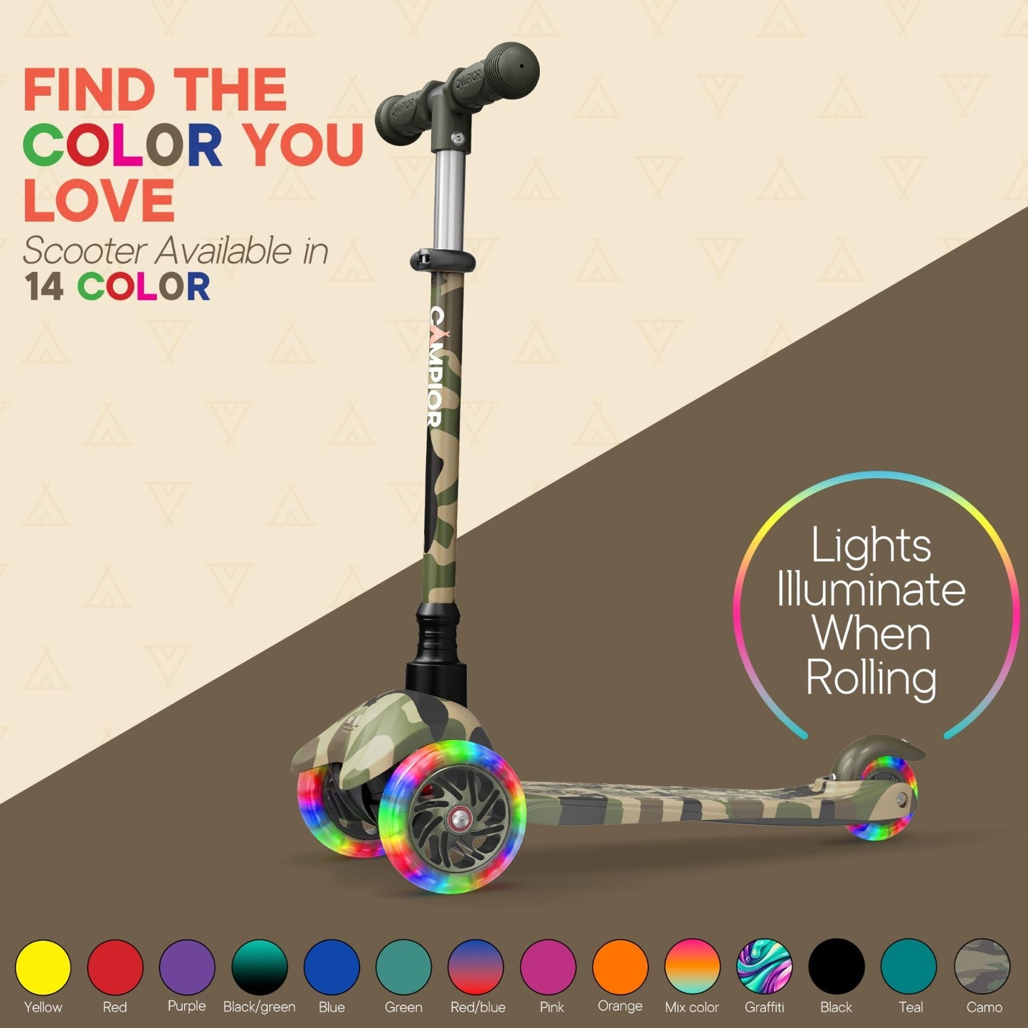 Camo Mini 3-Wheel Kids Scooter - LED Light-Up Wheels, Adjustable Handlebar, Anti6