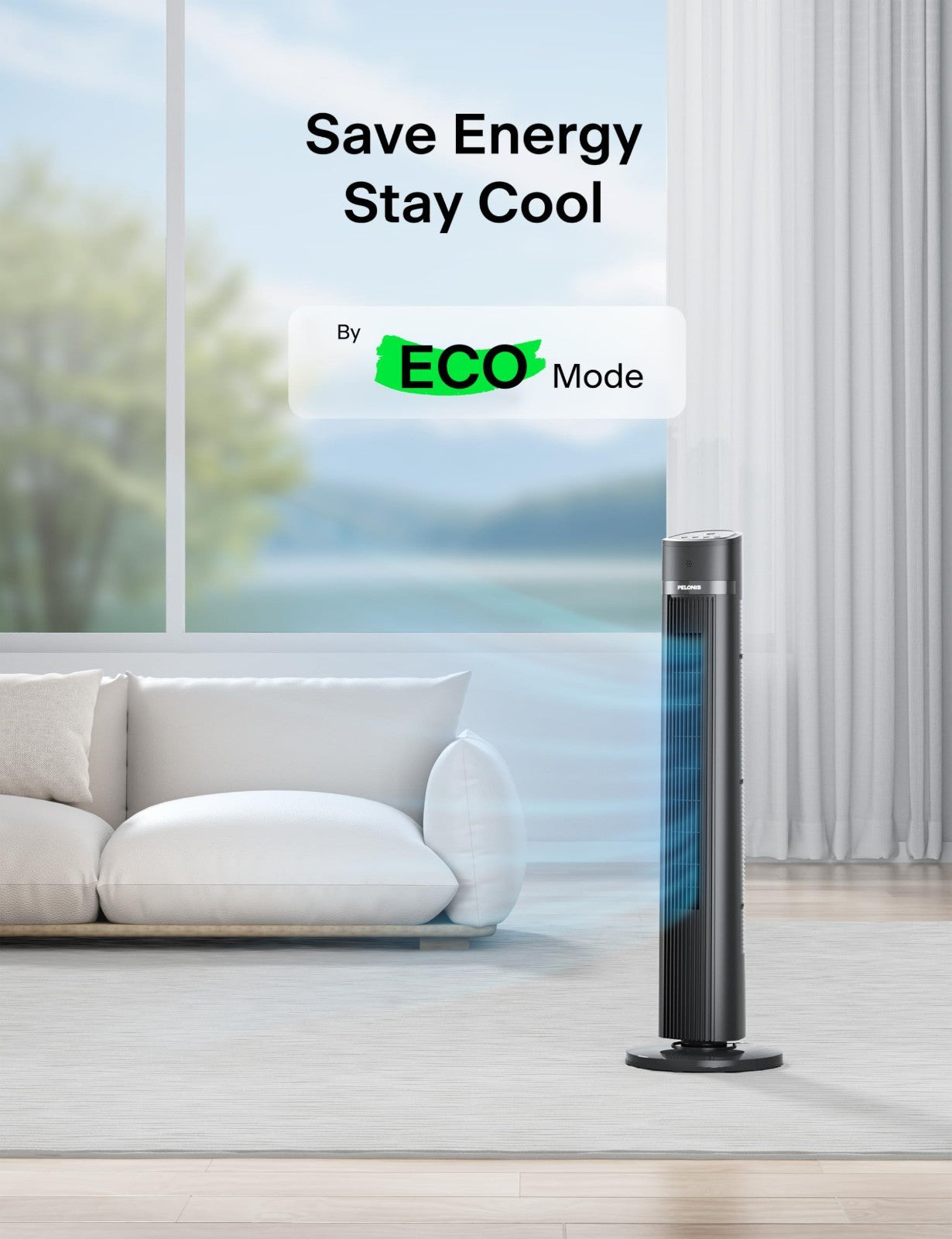 40" Bladeless Tower Fan with Remote, 90° Oscillation, 3 Speeds, Quiet 27dB, Time8