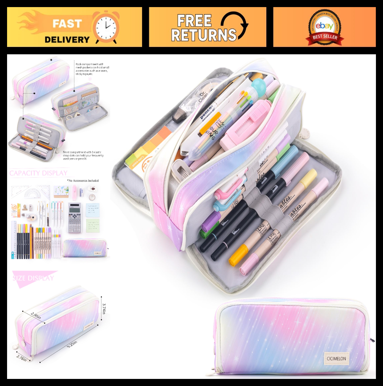 Large Capacity 3 Compartment Pencil Case Pouch for School, Teens & Adults   Mete0