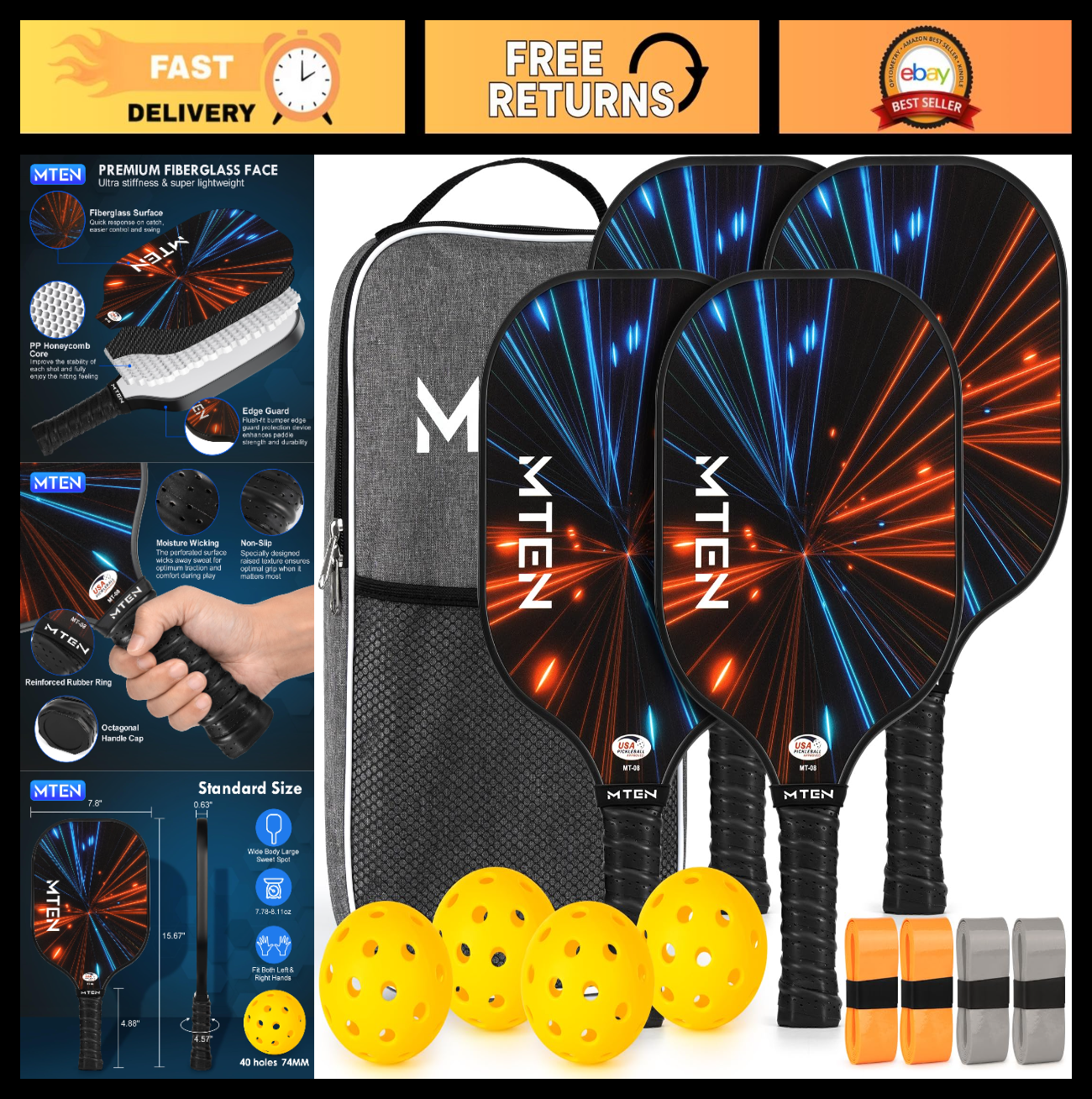 Pickleball Paddle Set of 2/4/1 - USAPA Approved Fiberglass Rackets, Lightweight0