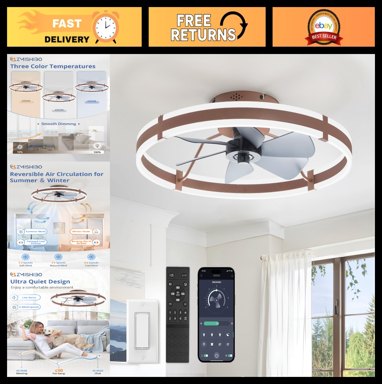 Low Profile 24" Ceiling Fan with Lights & Remote   Dimmable LED, Quiet Motor, Re0