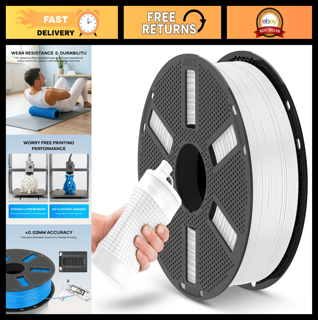 Flexible TPU 3D Printer Filament 1.75mm 1kg Reusable Spool - White, High Resilie0