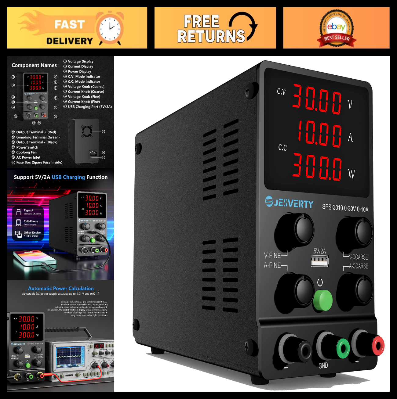 Adjustable DC Power Supply 0 30V 10A, Precision LED Display, USB Port, Bench Sup0
