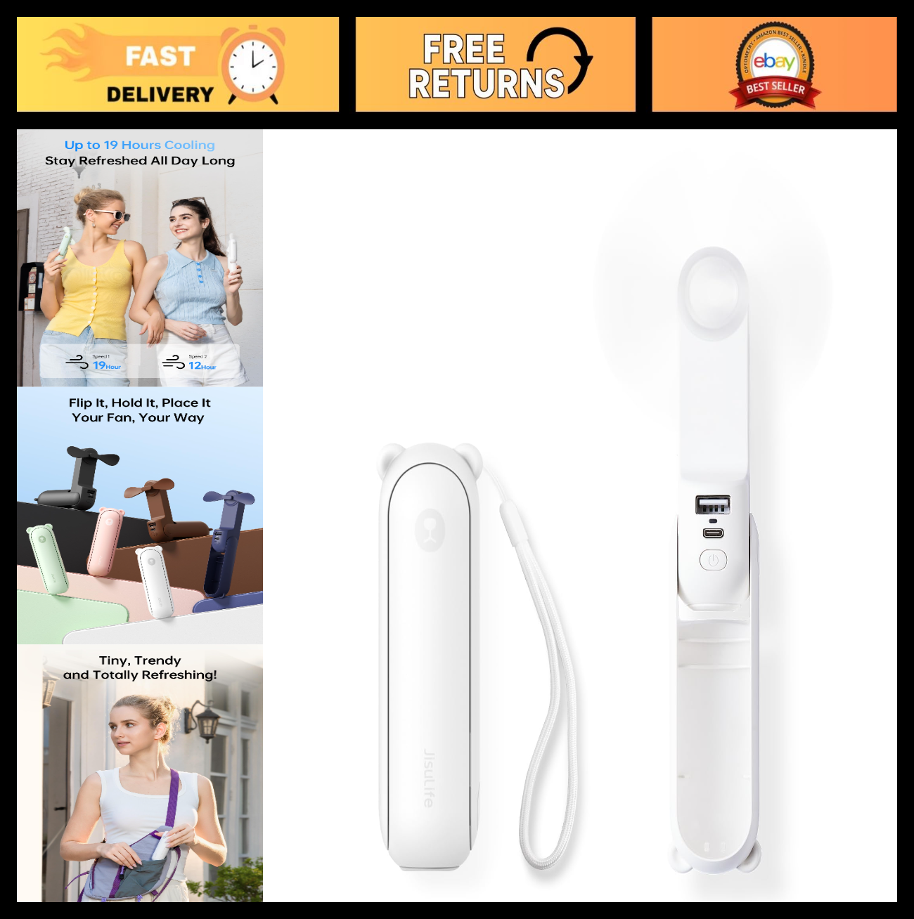 3 in 1 Portable Fan with Power Bank & Flashlight   19H Max Cooling, USB Recharge0