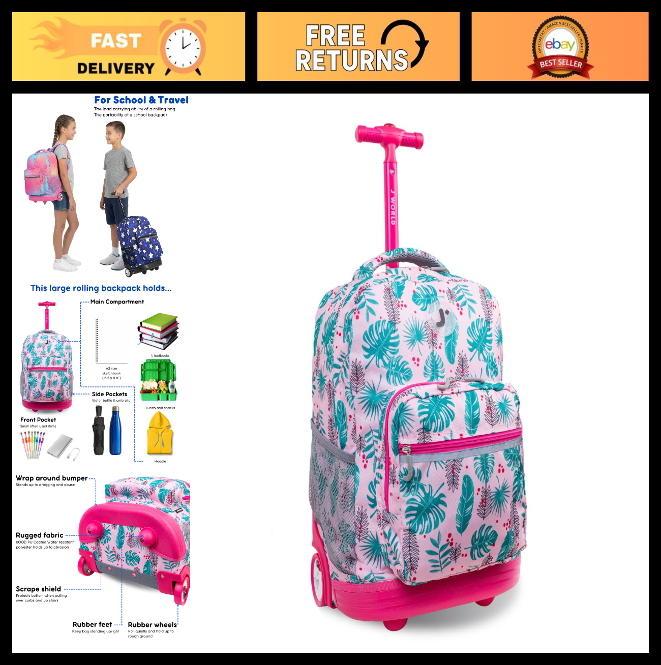 Rolling Backpack with Wheels, Palm Leaves Print, Lightweight Travel Bag, School0