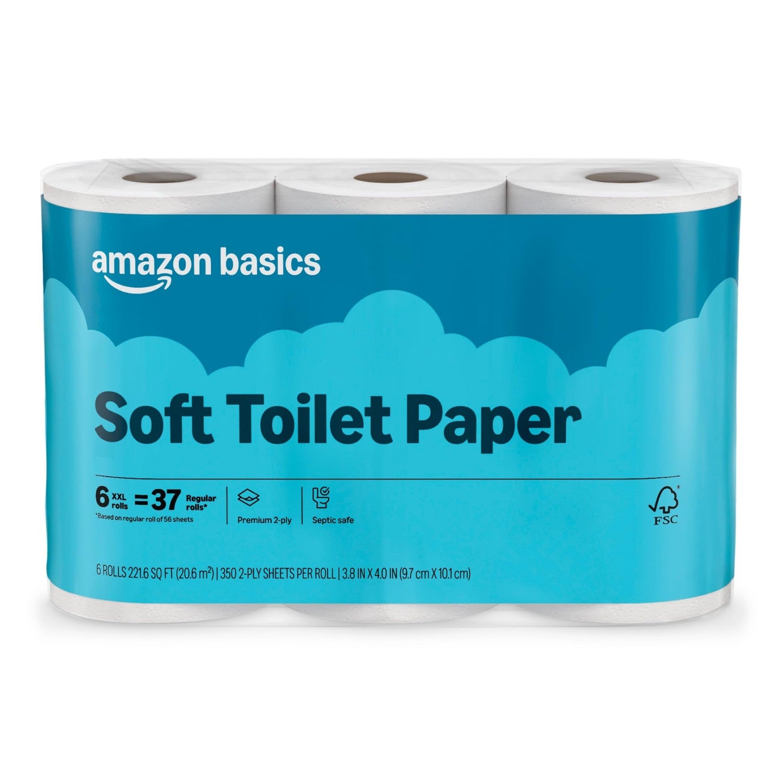 2 Ply Soft Toilet Paper, 6 Rolls, 350 Sheets Each, Septic Safe, Equivalent to 371