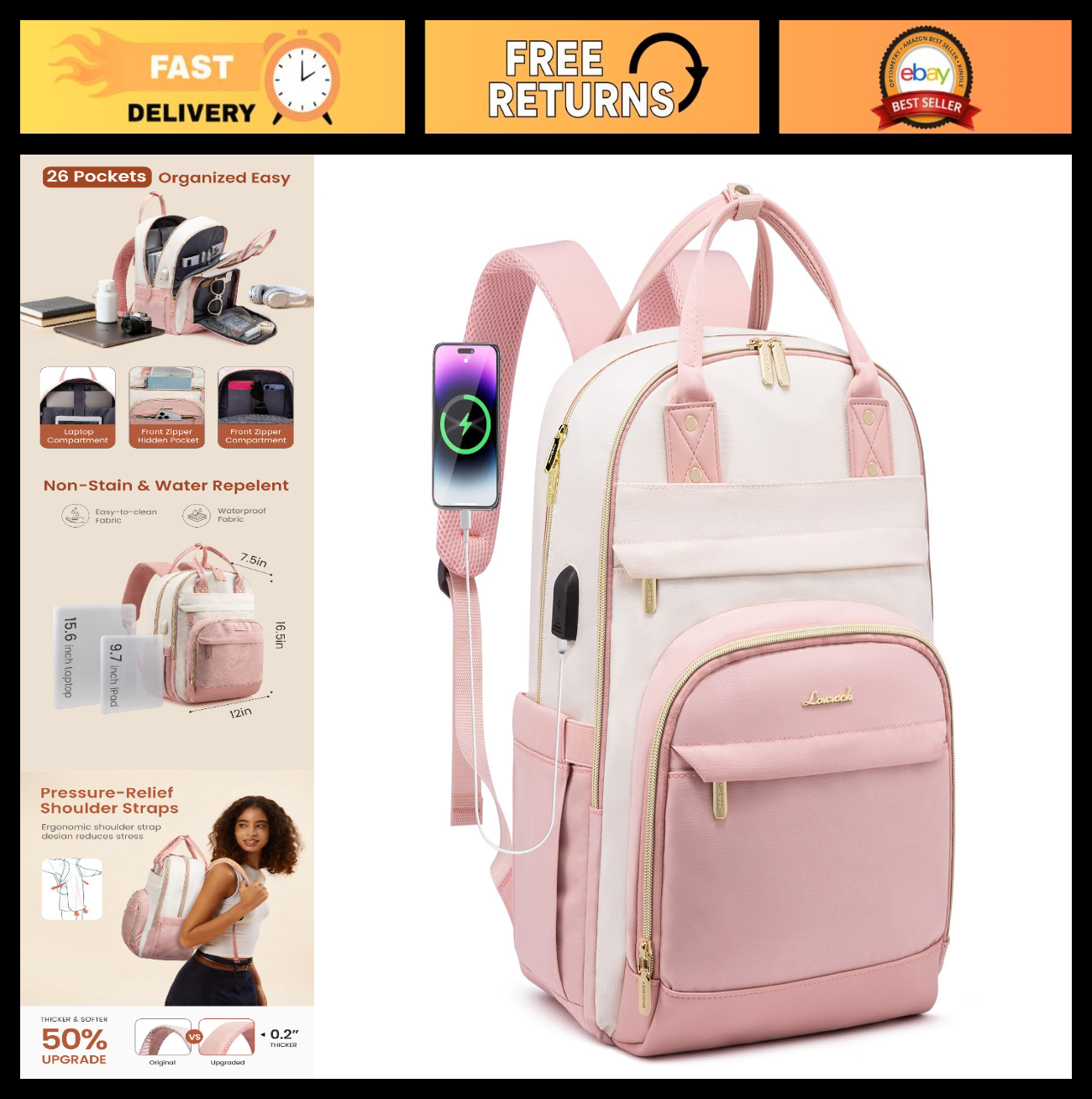 Stylish Women's Laptop Backpack, 15.6" Waterproof Anti Theft School Bag, Beige P0