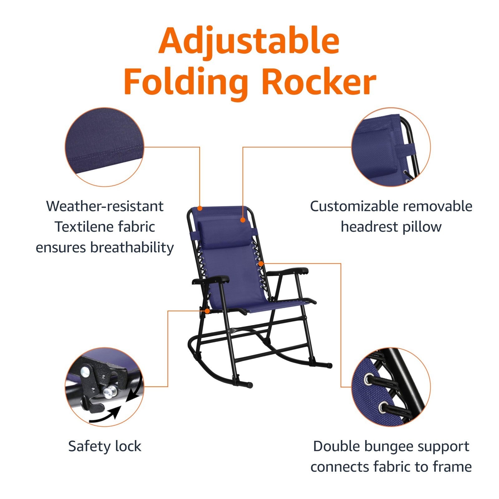 Outdoor Portable Folding Rocking Chair with Headrest, Ergonomic, Weather Resista3