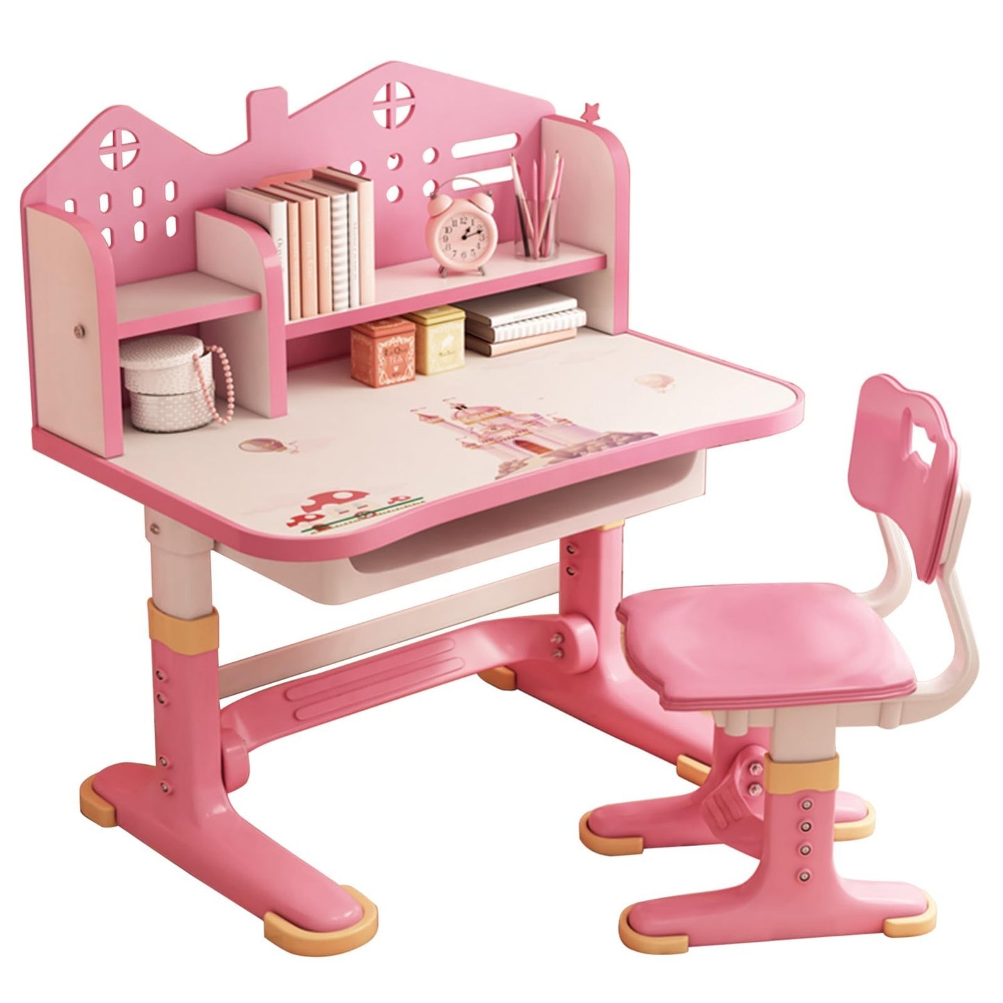 Kids Adjustable Height Study Desk & Chair Set, Cartoon Pattern, Widened Desktop,1