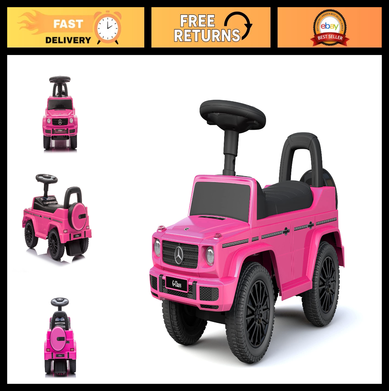 Kids Ride-On Car Stroller, Mercedes G-Wagon Push Car with Lights & Music, Pink,0