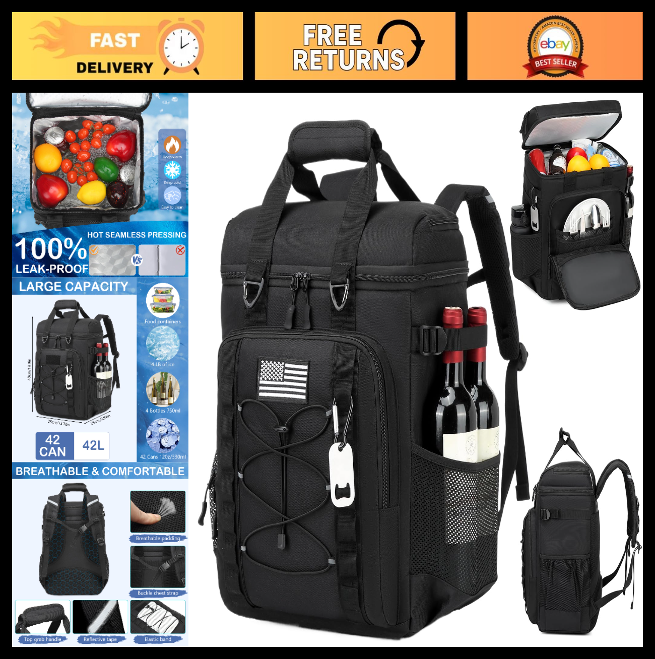 Tactical Insulated Backpack Cooler - 42 Can Leak Proof Soft Cooler for Camping,0