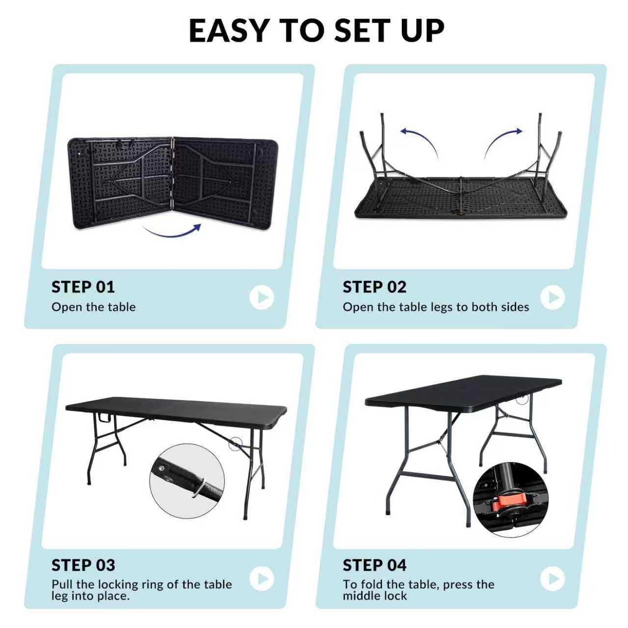 6ft Folding Table with Handle & Steel Legs - Heavy Duty Portable for Events, BBQ3