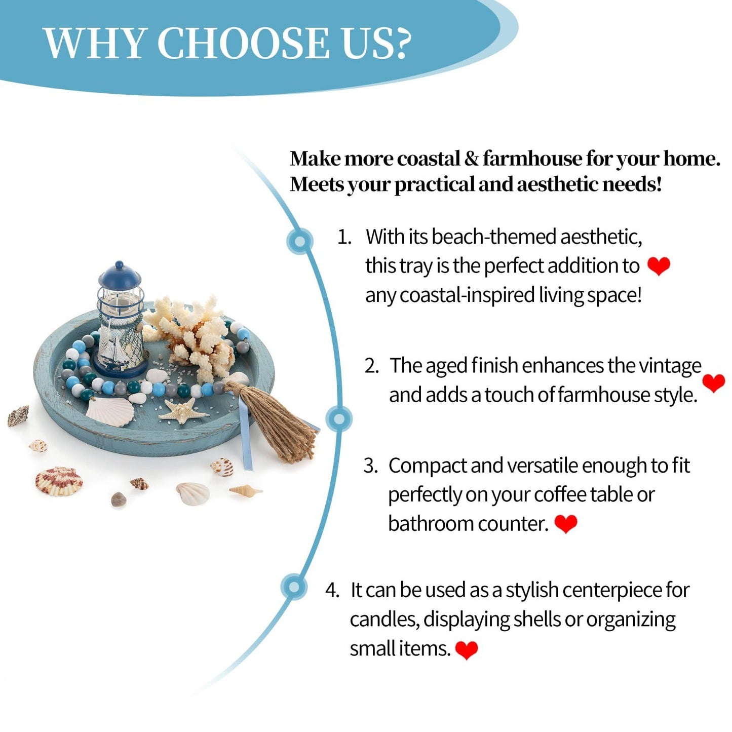 Coastal Farmhouse Decorative Tray - Round Wooden Ocean Style Centerpiece for Bea6