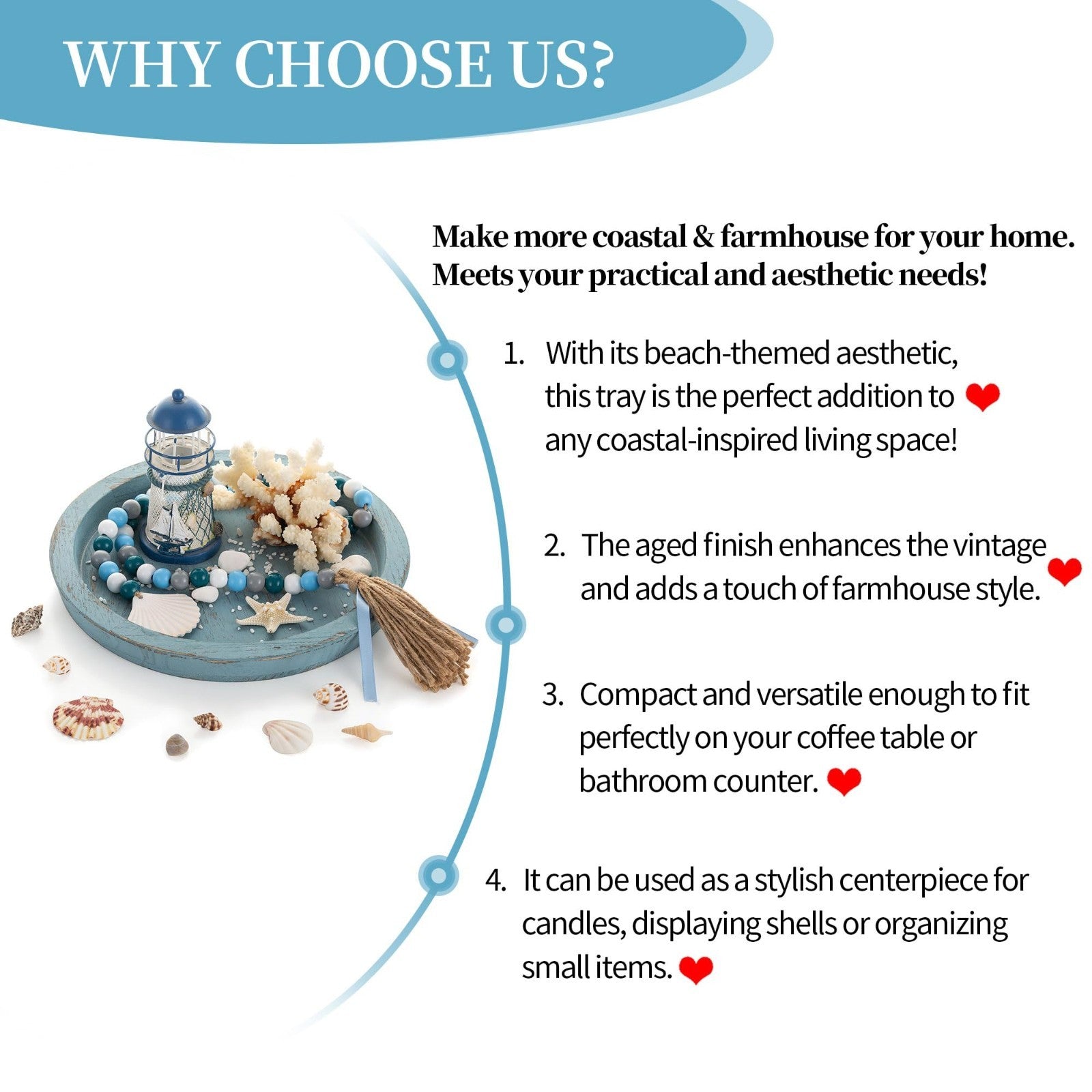Coastal Farmhouse Decorative Tray - Round Wooden Ocean Style Centerpiece for Bea6